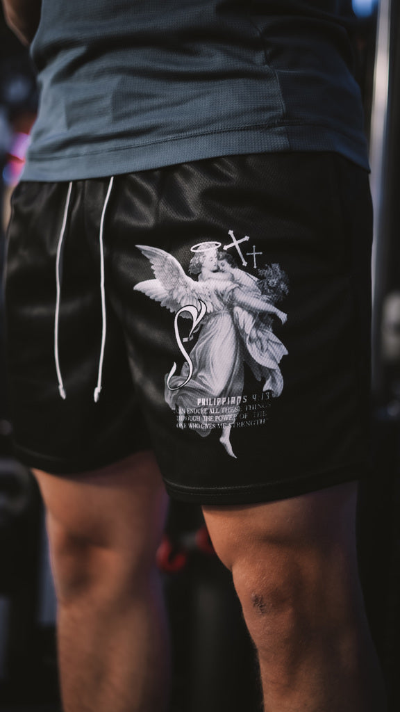 Christian-themed mesh gym shorts with Bible verses, made from 100% polyester, featuring double side pockets and a 5-inch inseam for comfort and mobility.