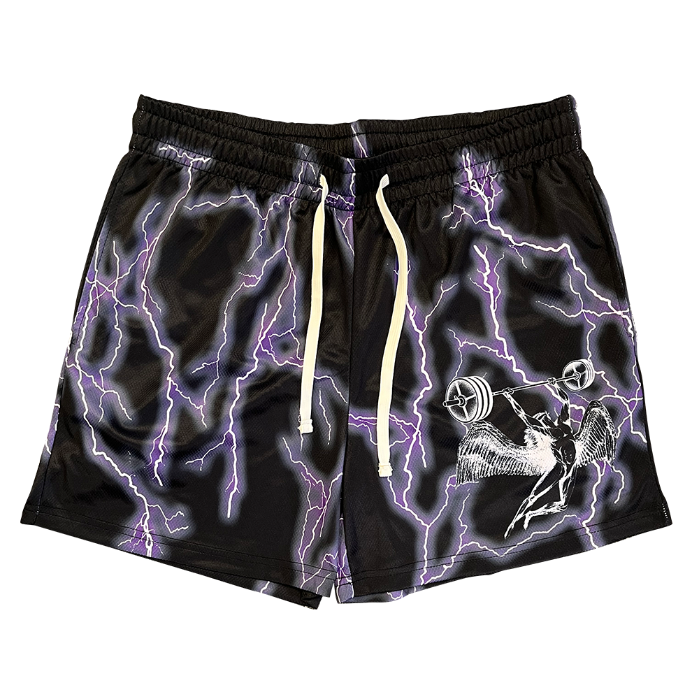 Christian-themed mesh gym shorts with Bible verses, made from 100% polyester, featuring double side pockets and a 5-inch inseam for comfort and mobility.