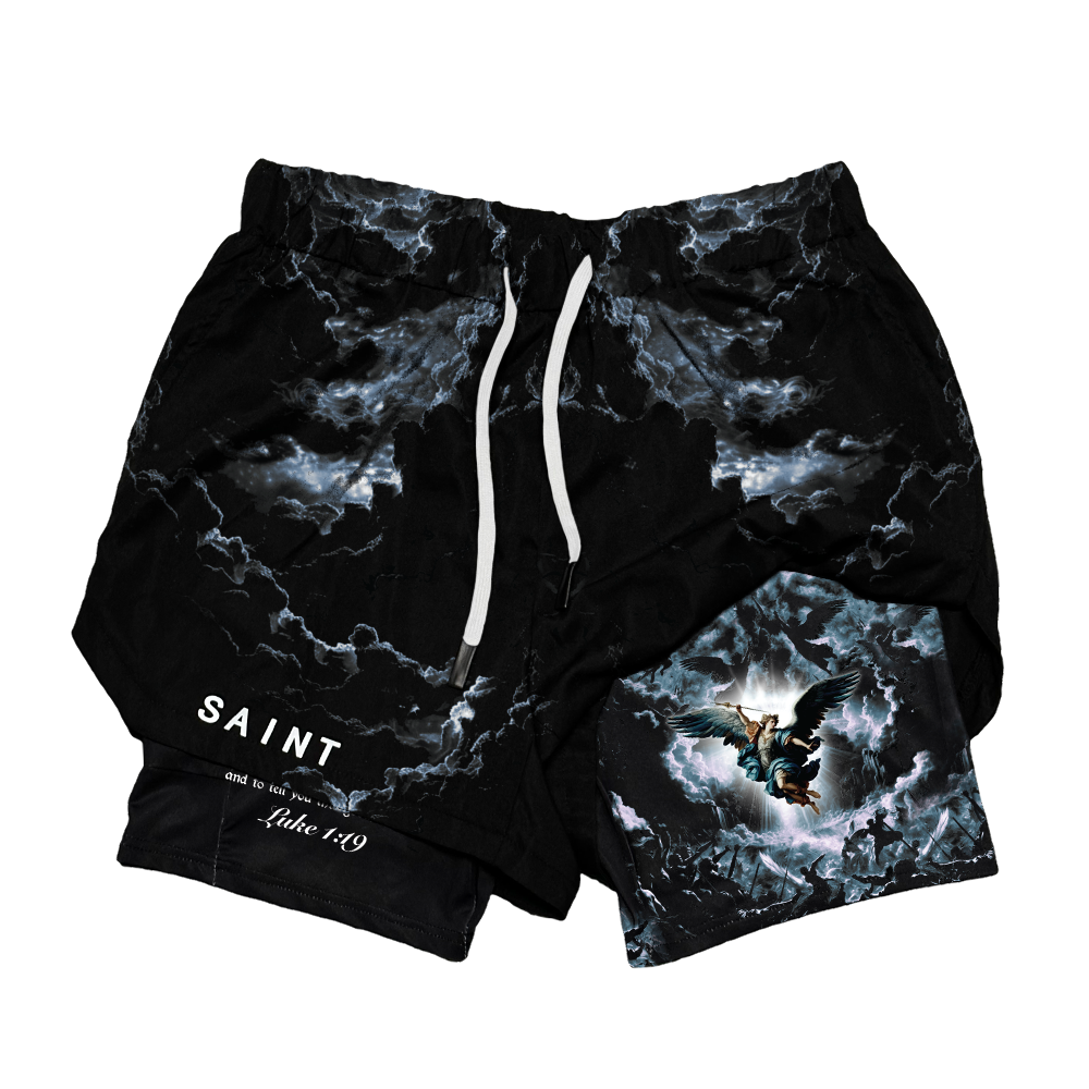 Saint Kaizen Christian gym wear Archangel Gabriel Performance Shorts. Two-layer shorts built for optimal mobility, featuring secure pockets and premium fabric.