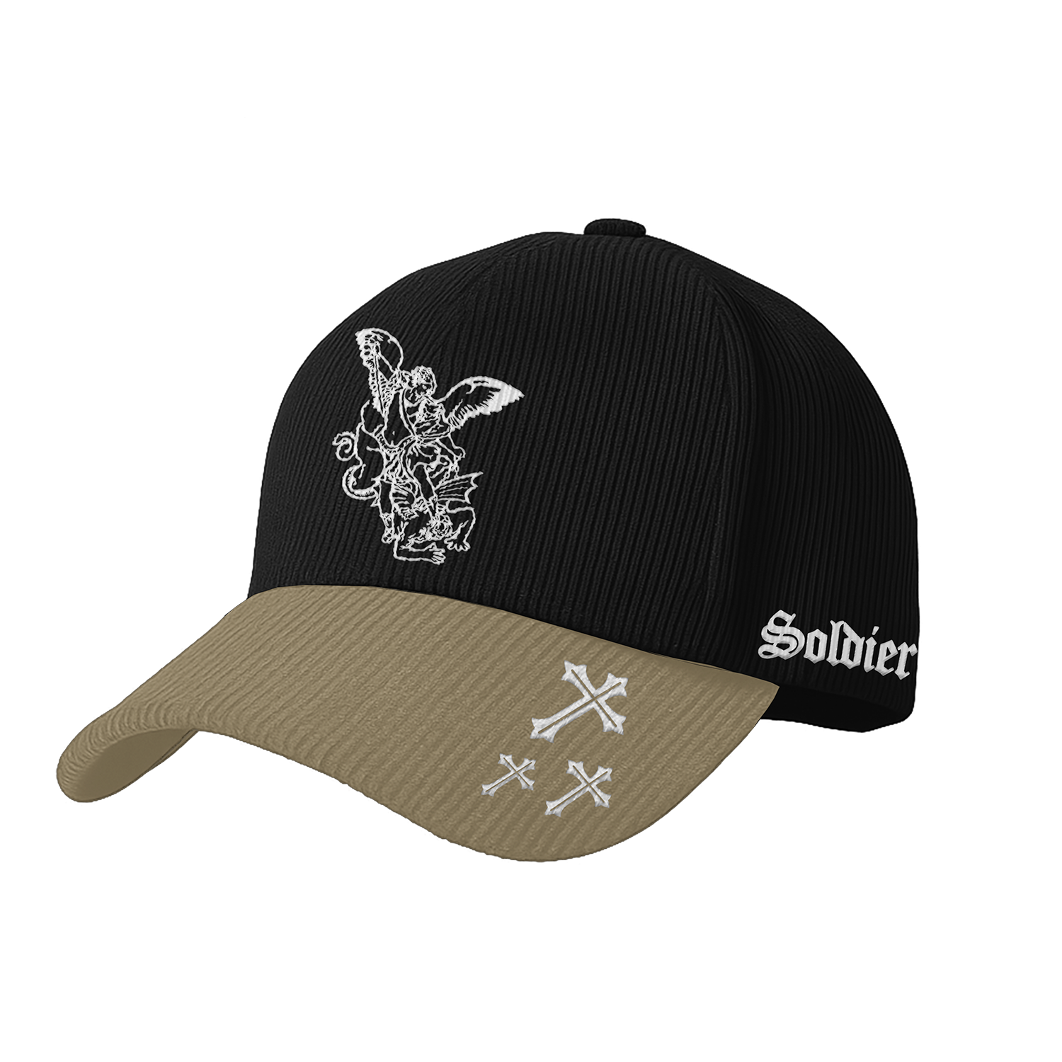 Saint Kaizen premium Christian gym wear [Archangel Michael Cap - Black and Cream]. Features bold spiritual Artwork, A comfortable cap designed for both the gym and casual wear.