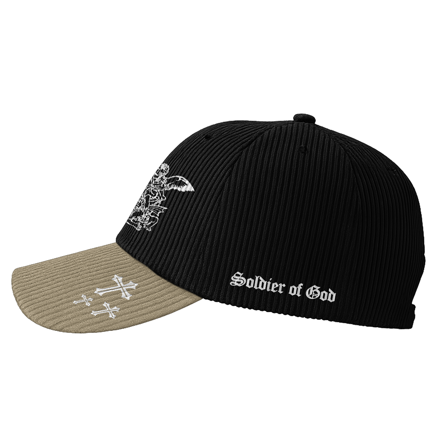 Saint Kaizen premium Christian gym wear [Archangel Michael Cap - Black and Cream]. Features bold spiritual Artwork, A comfortable cap designed for both the gym and casual wear.