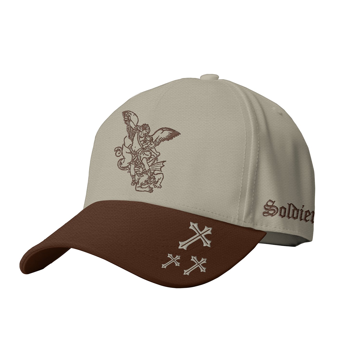 Saint Kaizen premium Christian gym wear Archangel Michael Cap - Brown and Beige. Features bold spiritual Artwork, A comfortable cap designed for both the gym and casual wear.