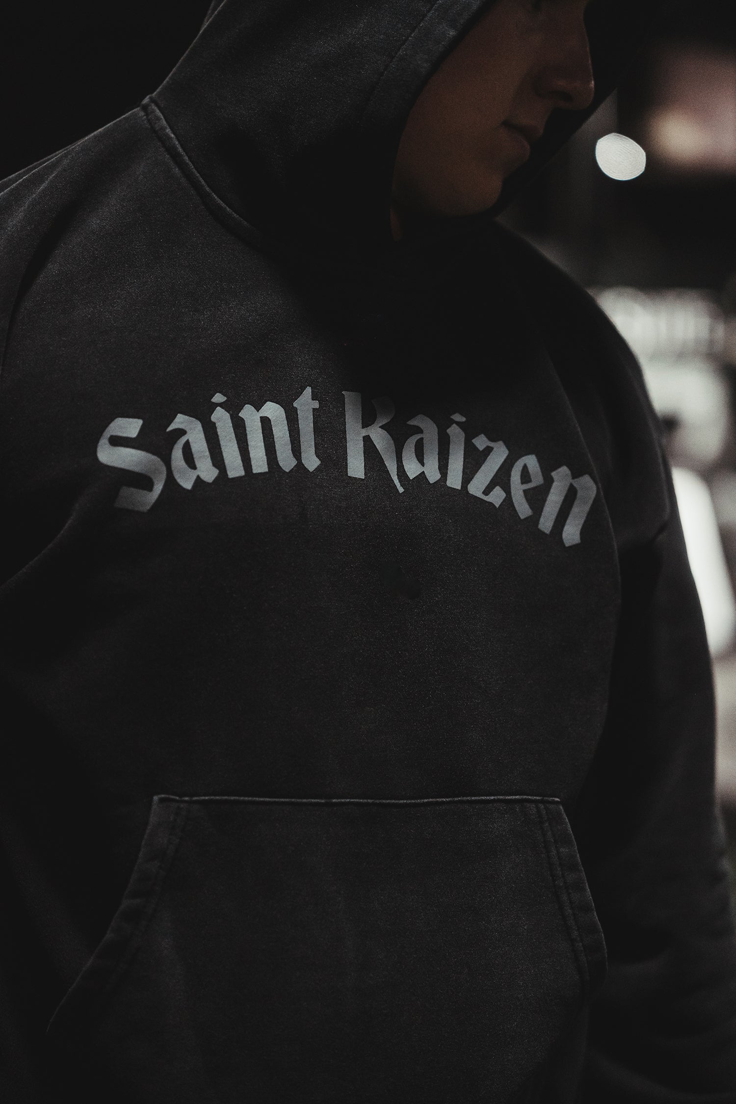 Saint Kaizen Archangel Michael Hoodie - Acid Wash. Heavyweight Christian gym wear hoodie featuring a durable with spiritual artwork.