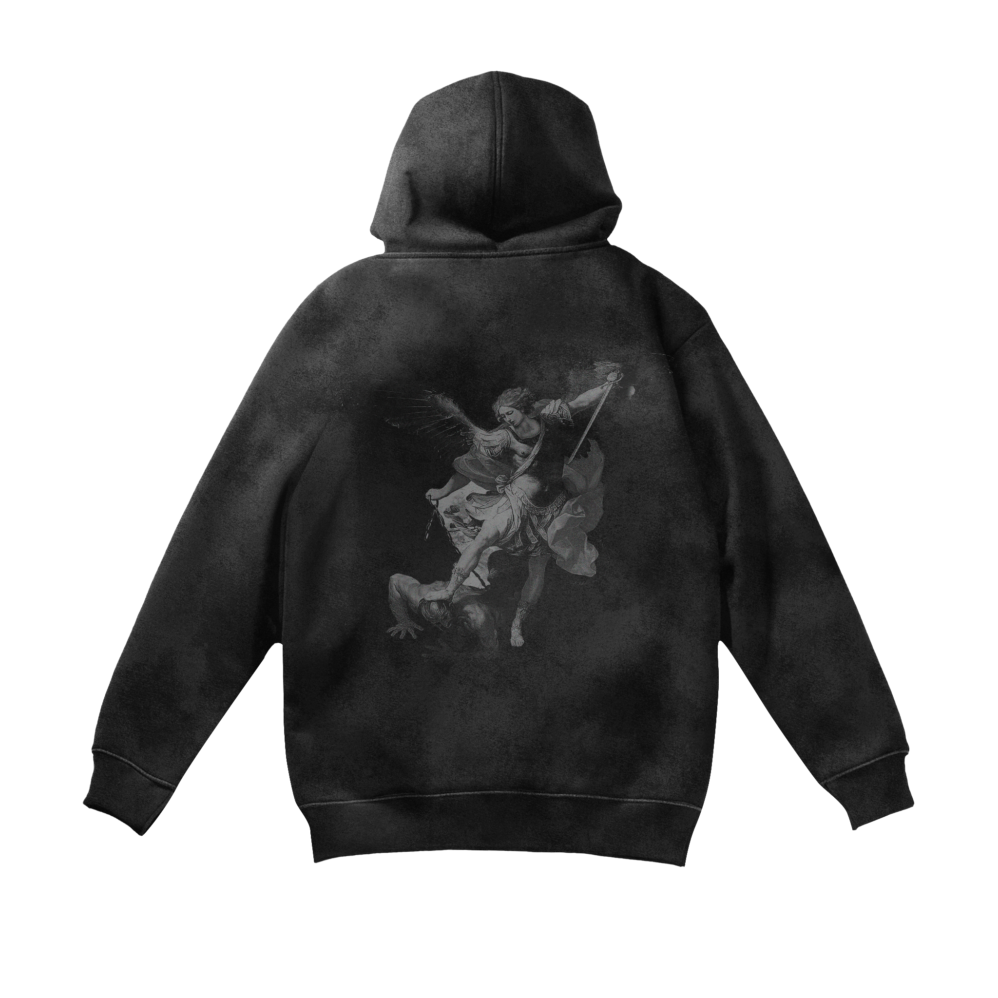 Saint Kaizen Archangel Michael Hoodie - Acid Wash. Heavyweight Christian gym wear hoodie featuring a durable with spiritual artwork.