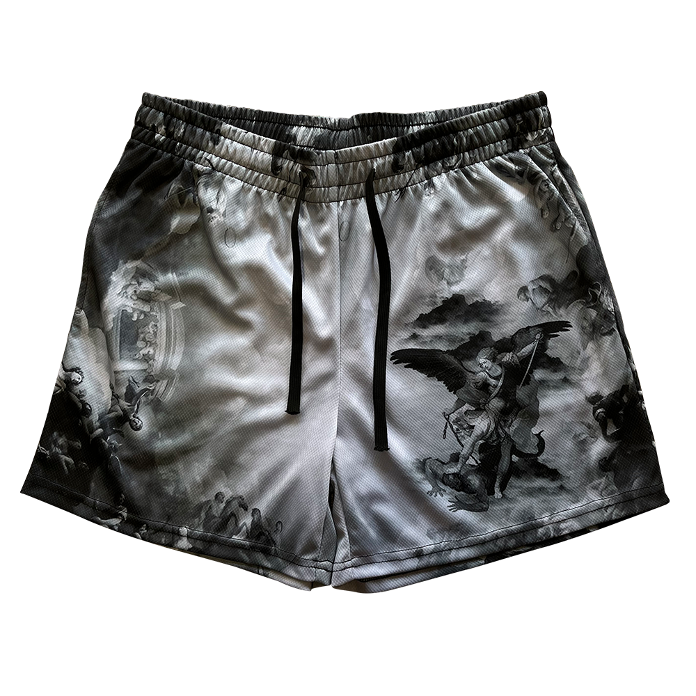 Saint Kaizen Christian gym wear Archangel Michael Youth Mesh Short. Lightweight 100% polyester mesh with bold printed spiritual design. Features a 5-inch inseam for mobility.