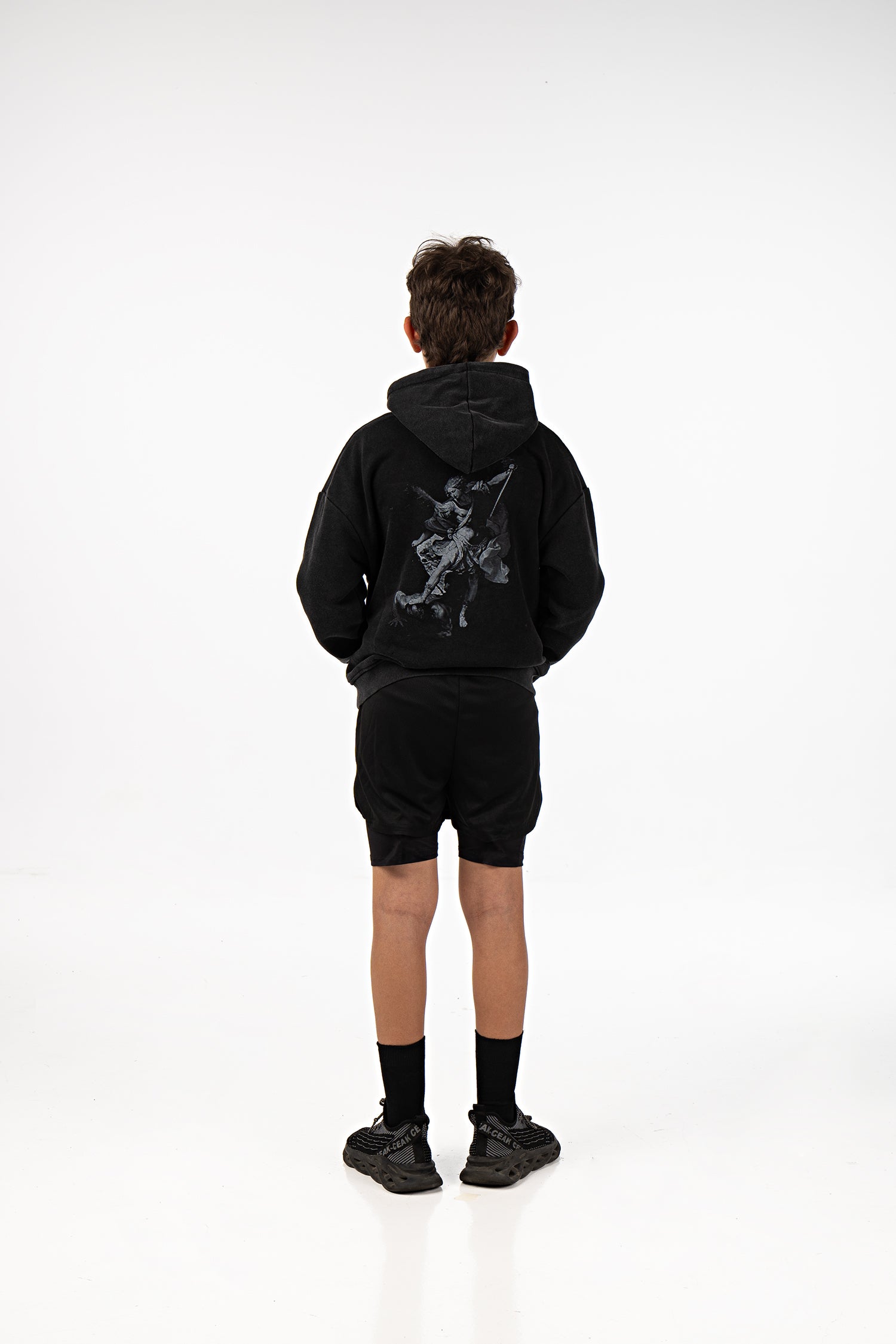 Saint Kaizen Archangel Michael Youth Hoodie - Acid Wash. Heavyweight Christian gym wear hoodie featuring a durable with spiritual artwork.