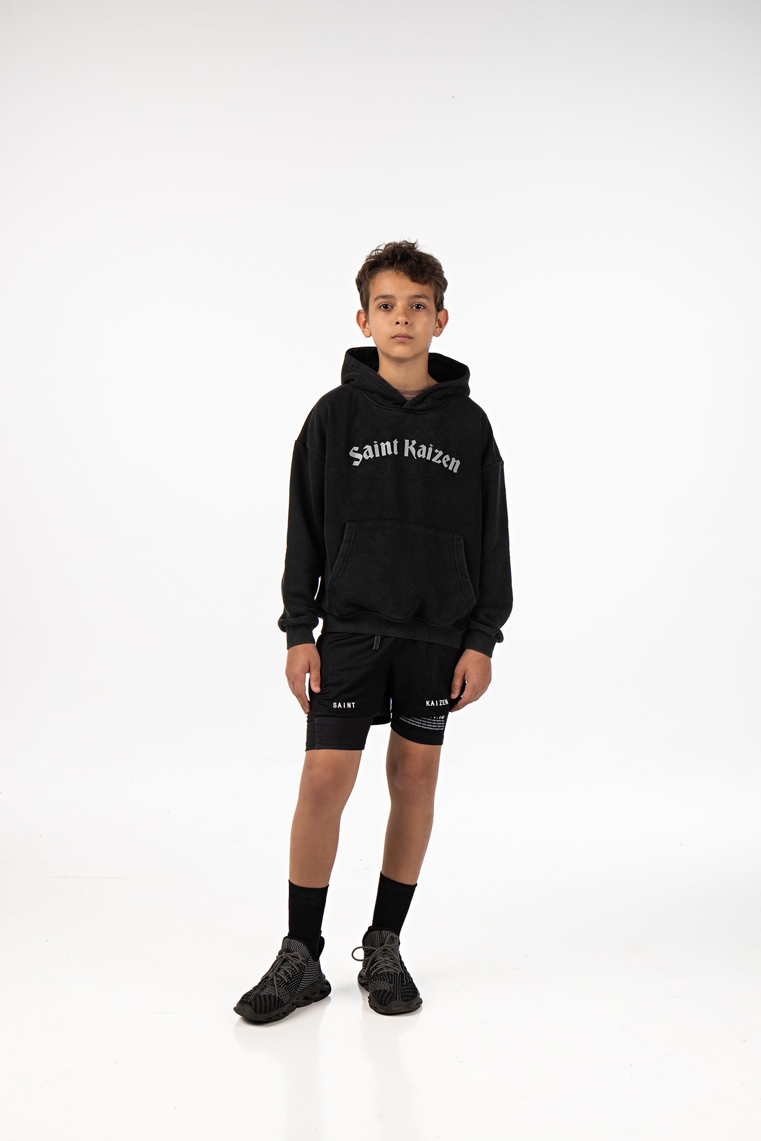 Saint Kaizen Archangel Michael Youth Hoodie - Acid Wash. Heavyweight Christian gym wear hoodie featuring a durable with spiritual artwork.