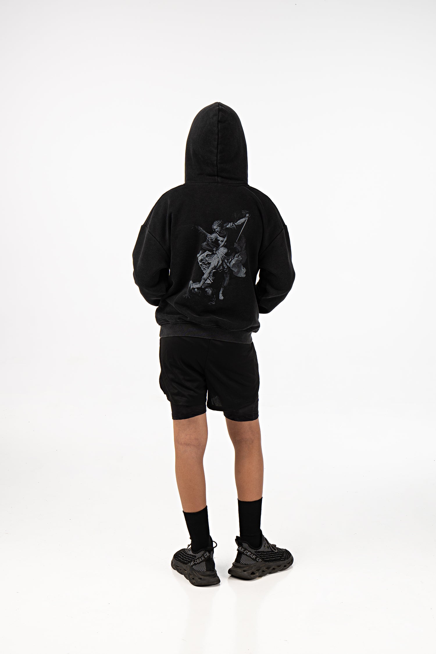 Saint Kaizen Archangel Michael Youth Hoodie - Acid Wash. Heavyweight Christian gym wear hoodie featuring a durable with spiritual artwork.