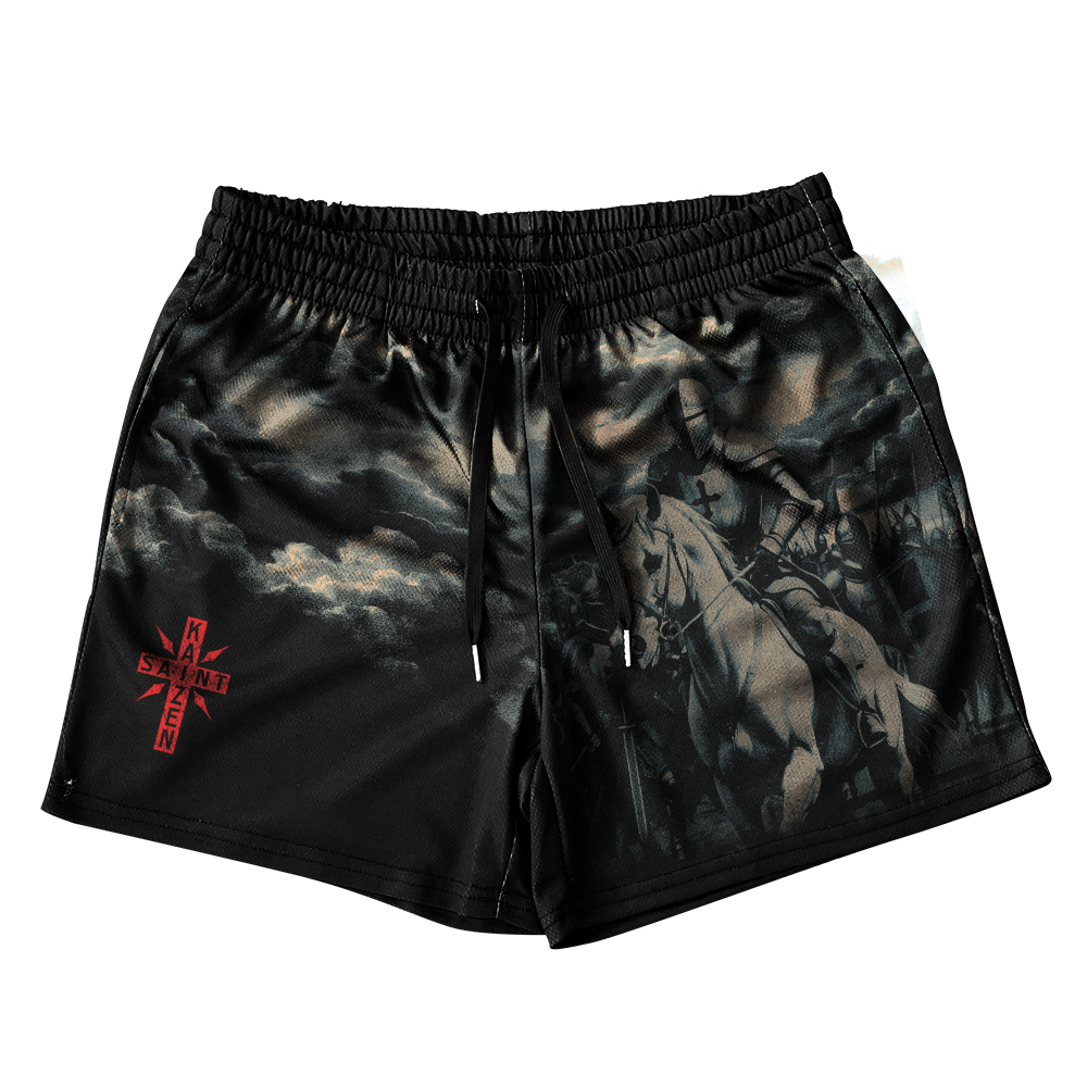 Saint Kaizen Christian gym wear Battle For Light Shorts. Lightweight 100% polyester mesh with bold printed spiritual design. Features a 5-inch inseam for mobility.