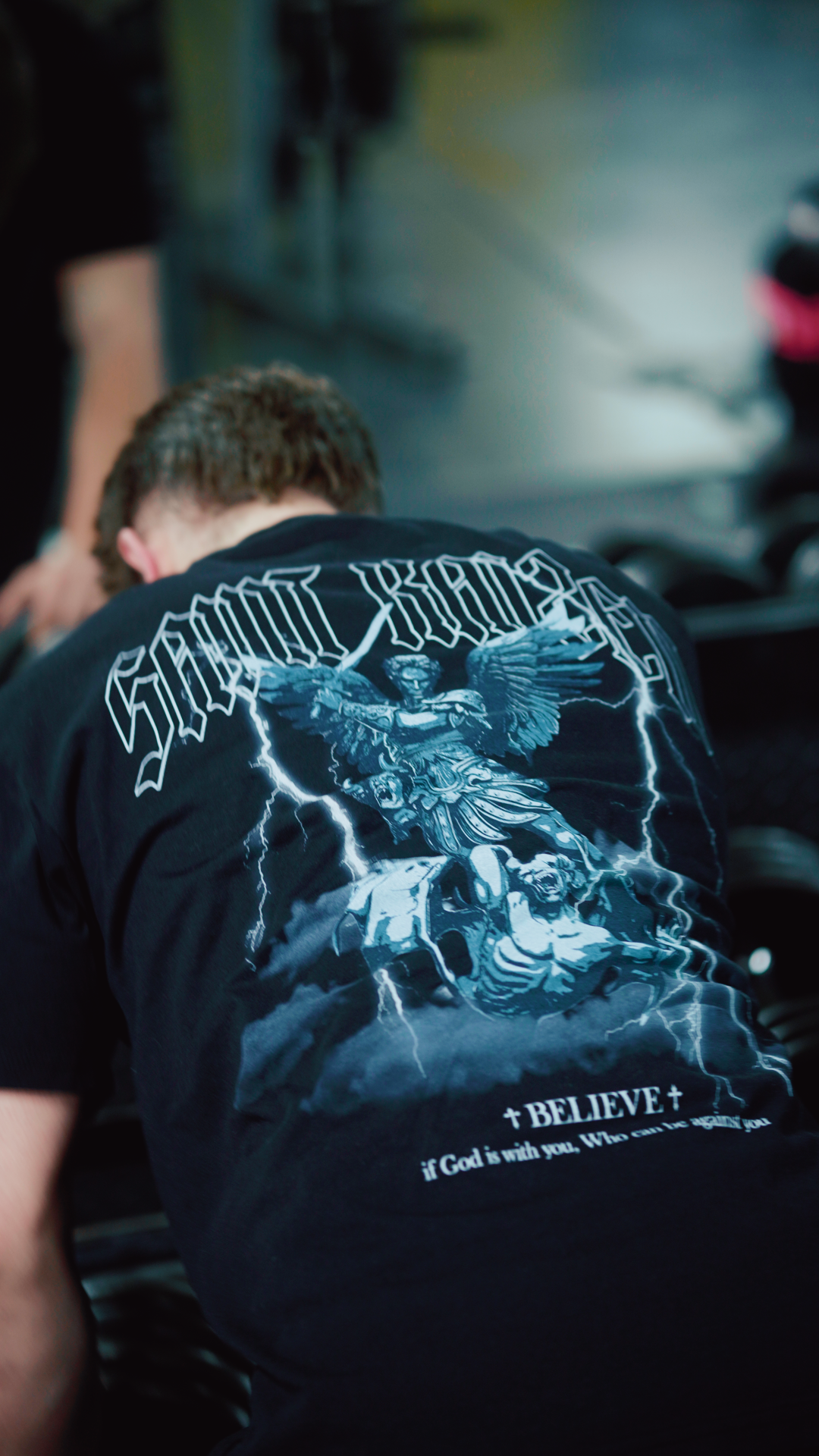 Saint Kaizen Christian gym wear shirt. Features the bold Believe T-Shirt - Black spiritual design. Oversize fit made from premium 220gr cotton.