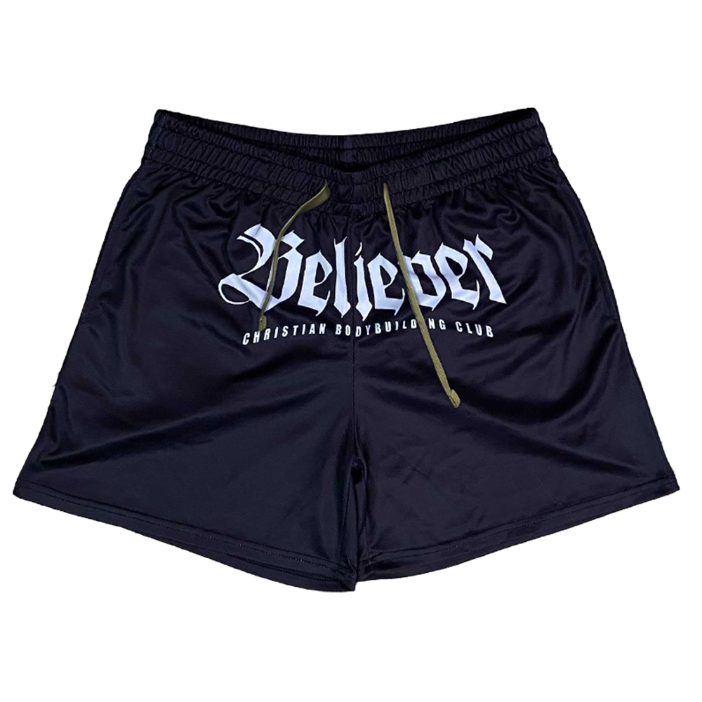 Christian-themed mesh gym shorts with Bible verses, made from 100% polyester, featuring double side pockets and a 5-inch inseam for comfort and mobility.