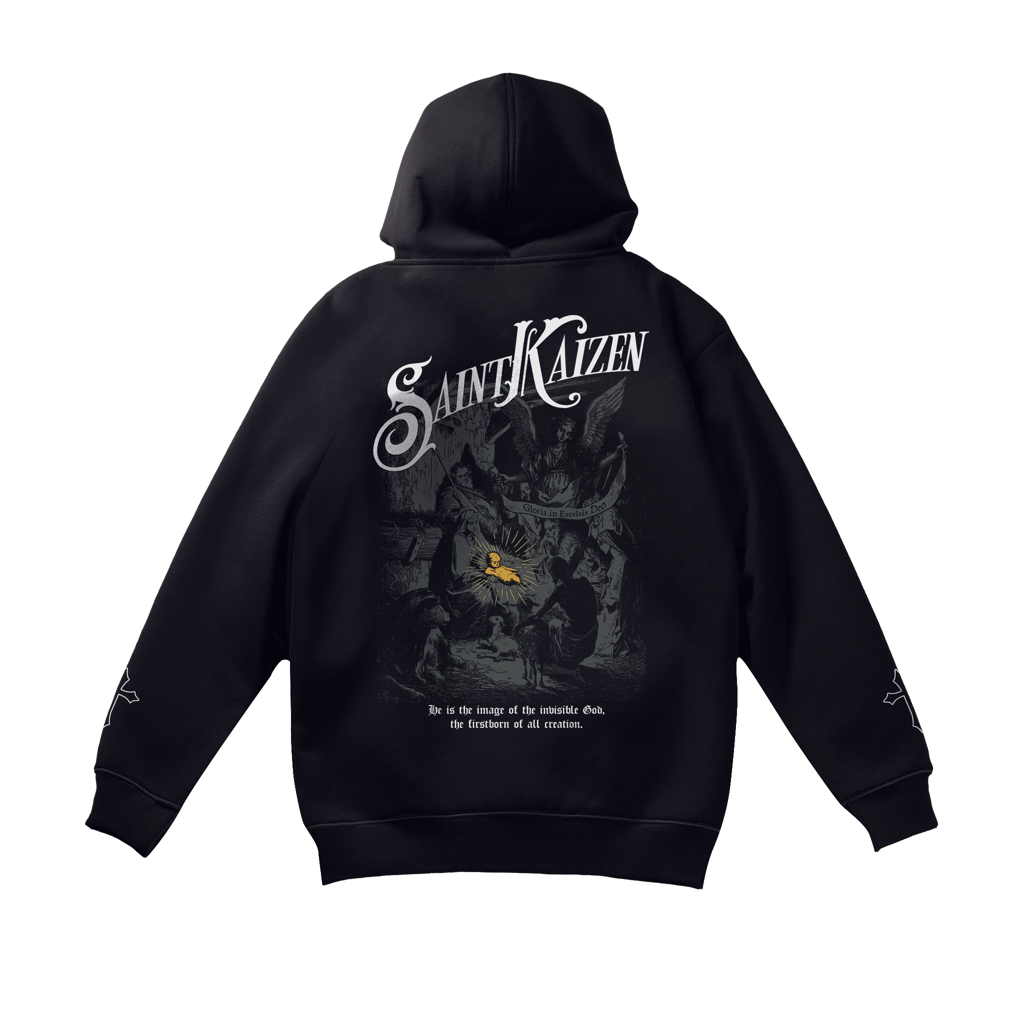Saint Kaizen Birth of The Son Hoodie - Black. Heavyweight Christian gym wear hoodie featuring a durable with spiritual artwork.