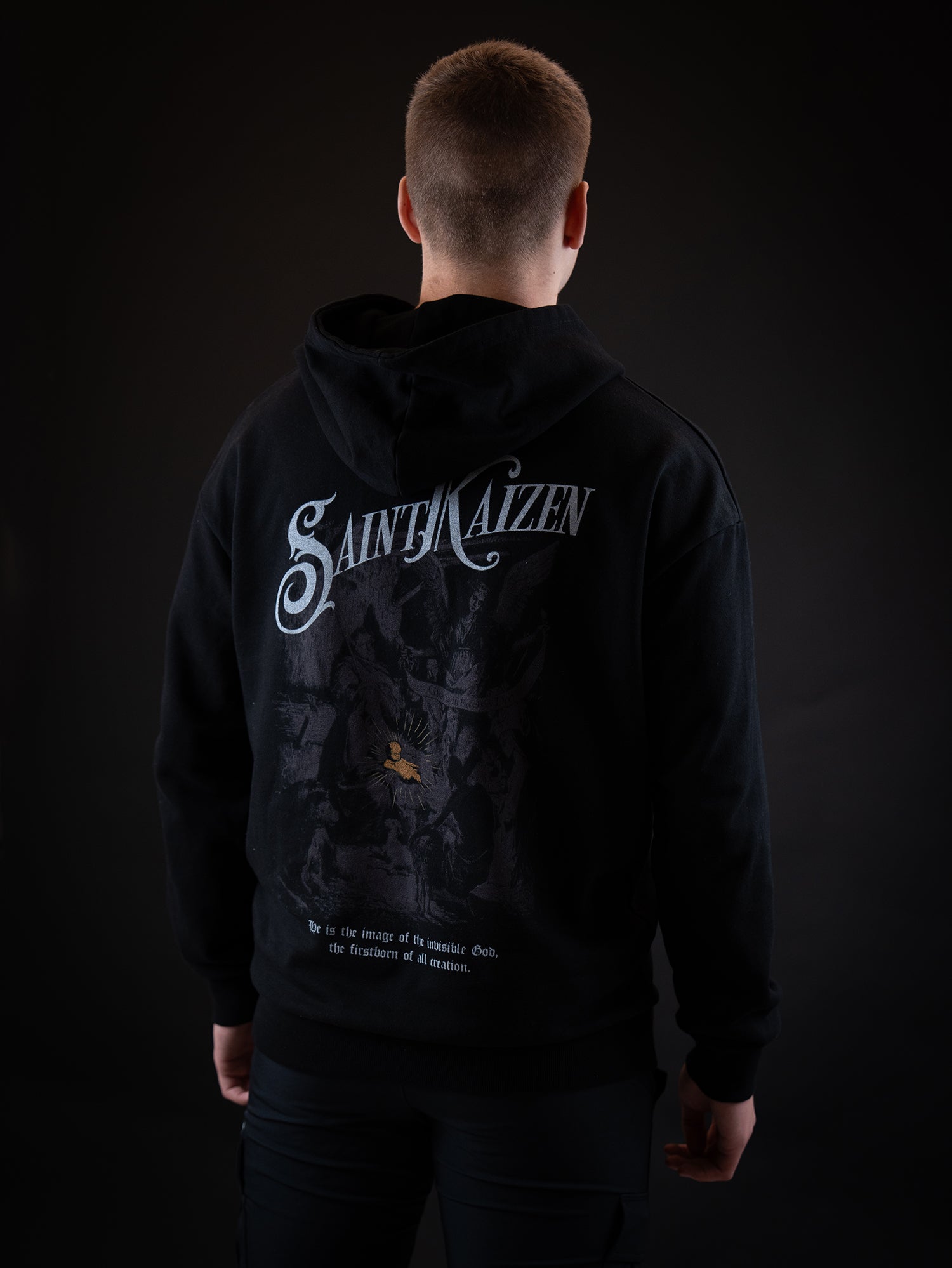 Saint Kaizen Birth of The Son Hoodie - Black. Heavyweight Christian gym wear hoodie featuring a durable with spiritual artwork.