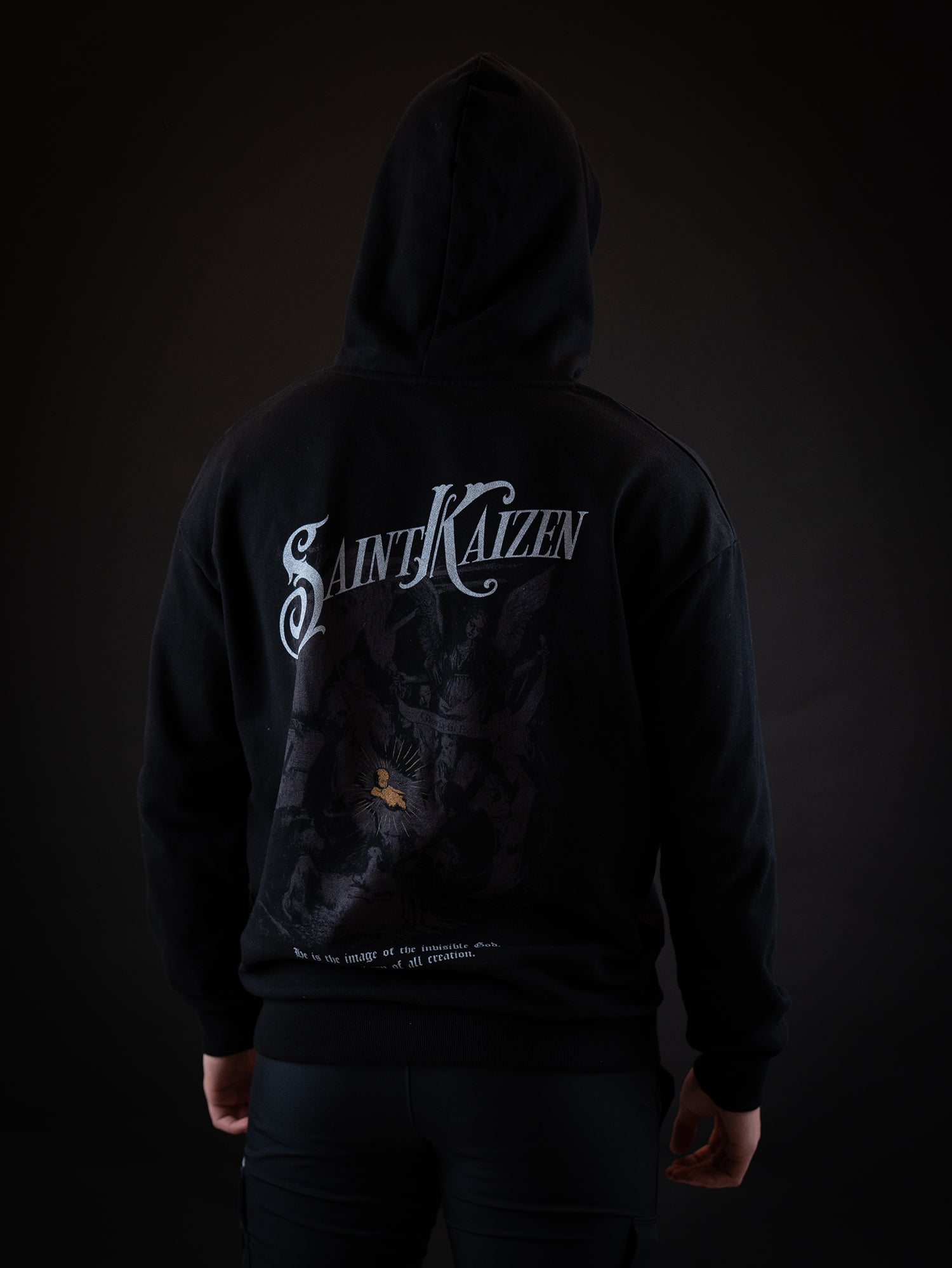 Saint Kaizen Birth of The Son Hoodie - Black. Heavyweight Christian gym wear hoodie featuring a durable with spiritual artwork.