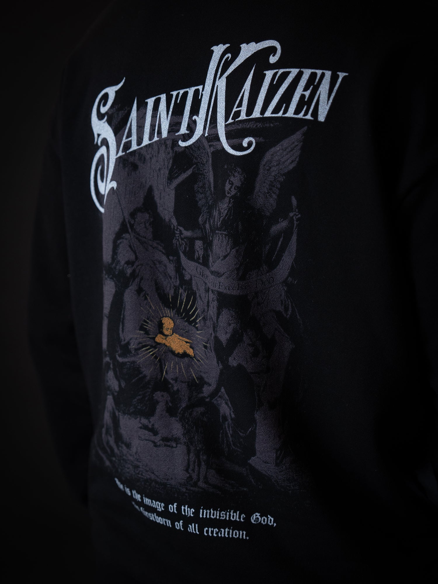 Saint Kaizen Birth of The Son Hoodie - Black. Heavyweight Christian gym wear hoodie featuring a durable with spiritual artwork.