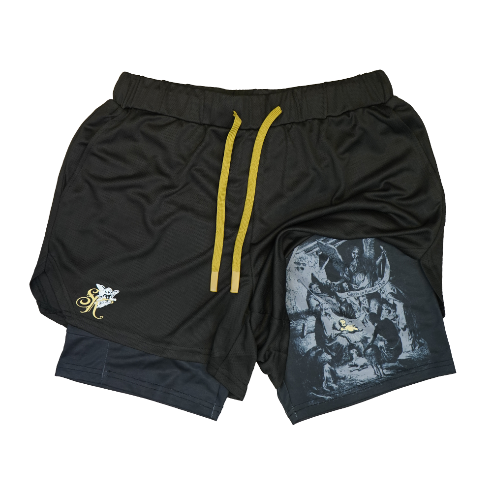 Saint Kaizen Christian gym wear Birth of The Son Performance Shorts. Two-layer shorts built for optimal mobility, featuring secure pockets and premium fabric.