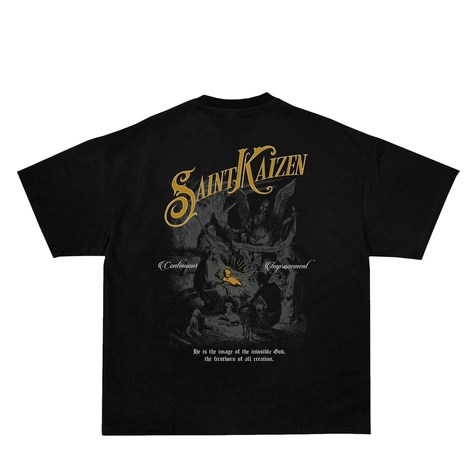 Saint Kaizen Christian gym wear shirt. Features the bold Birth of The Son T-Shirt - Black spiritual design. Oversize fit made from premium 220gr cotton.