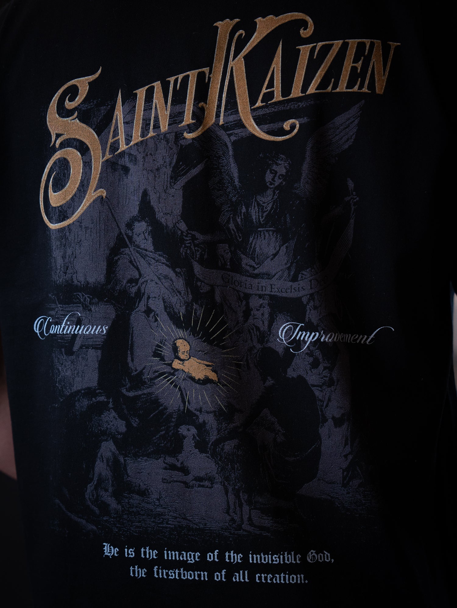 Saint Kaizen Christian gym wear shirt. Features the bold Birth of The Son T-Shirt - Black spiritual design. Oversize fit made from premium 220gr cotton.