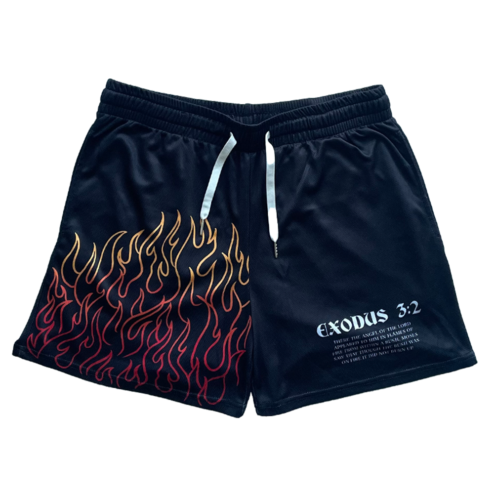 Christian-themed mesh gym shorts with Bible verses, made from 100% polyester, featuring double side pockets and a 5-inch inseam for comfort and mobility.