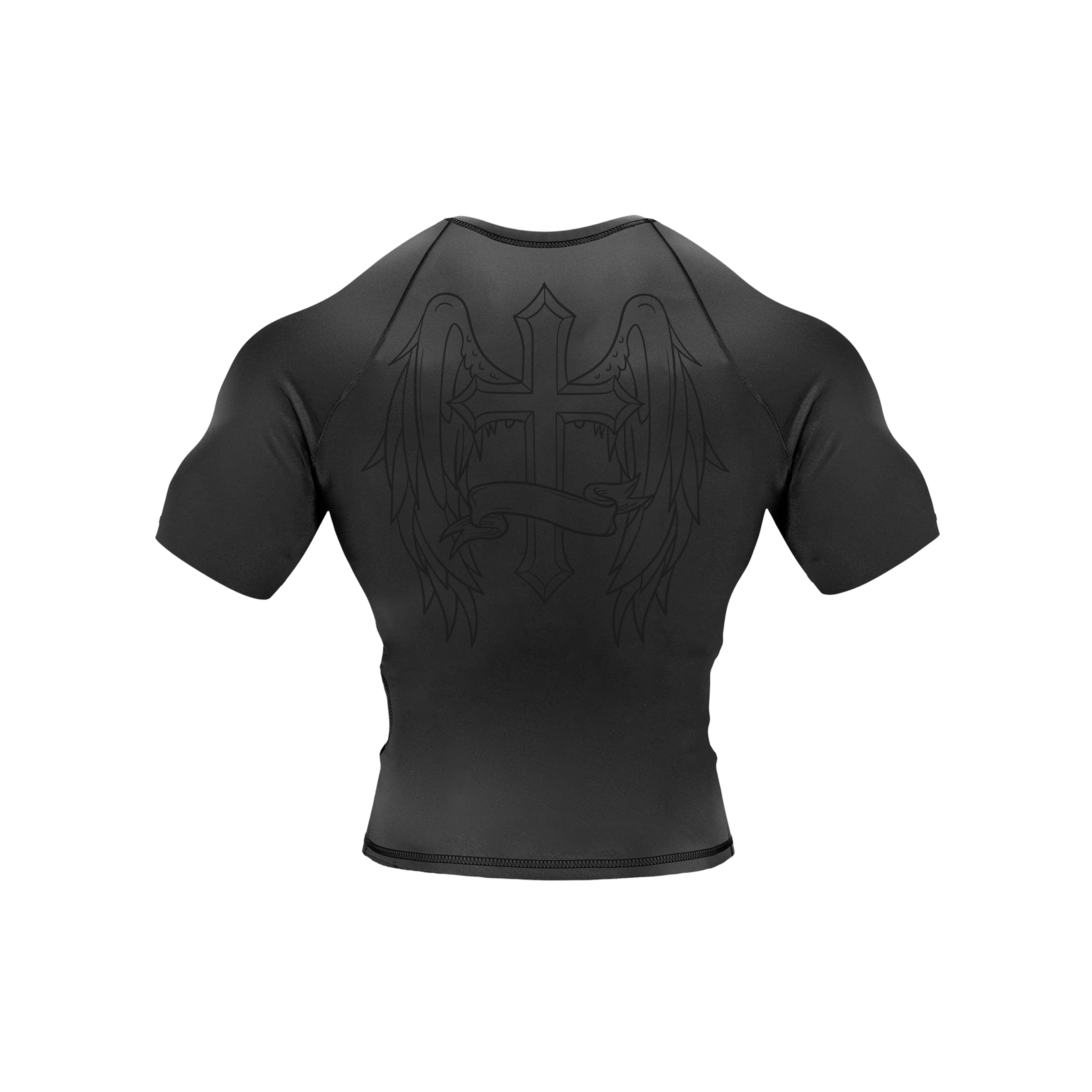 Saint Kaizen Cross Wings Compression Tee. High-performance Christian gym wear with printed spiritual artwork. Tailored, ergonomic fit for muscle support.