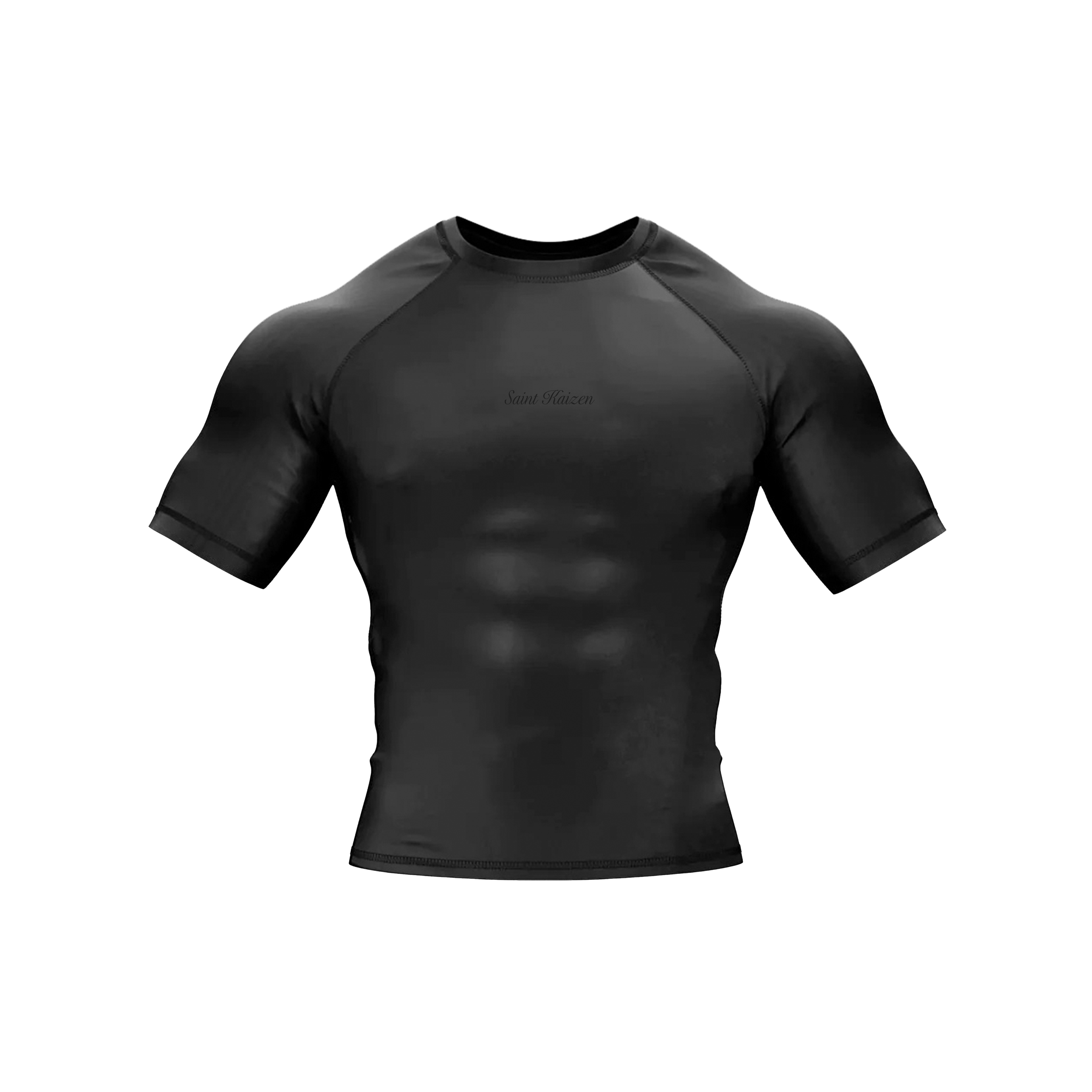 Saint Kaizen Cross Wings Compression Tee. High-performance Christian gym wear with printed spiritual artwork. Tailored, ergonomic fit for muscle support.