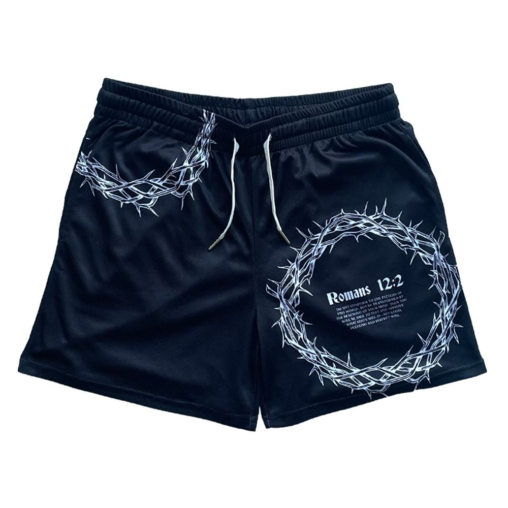 Christian-themed mesh gym shorts with Bible verses, made from 100% polyester, featuring double side pockets and a 5-inch inseam for comfort and mobility.