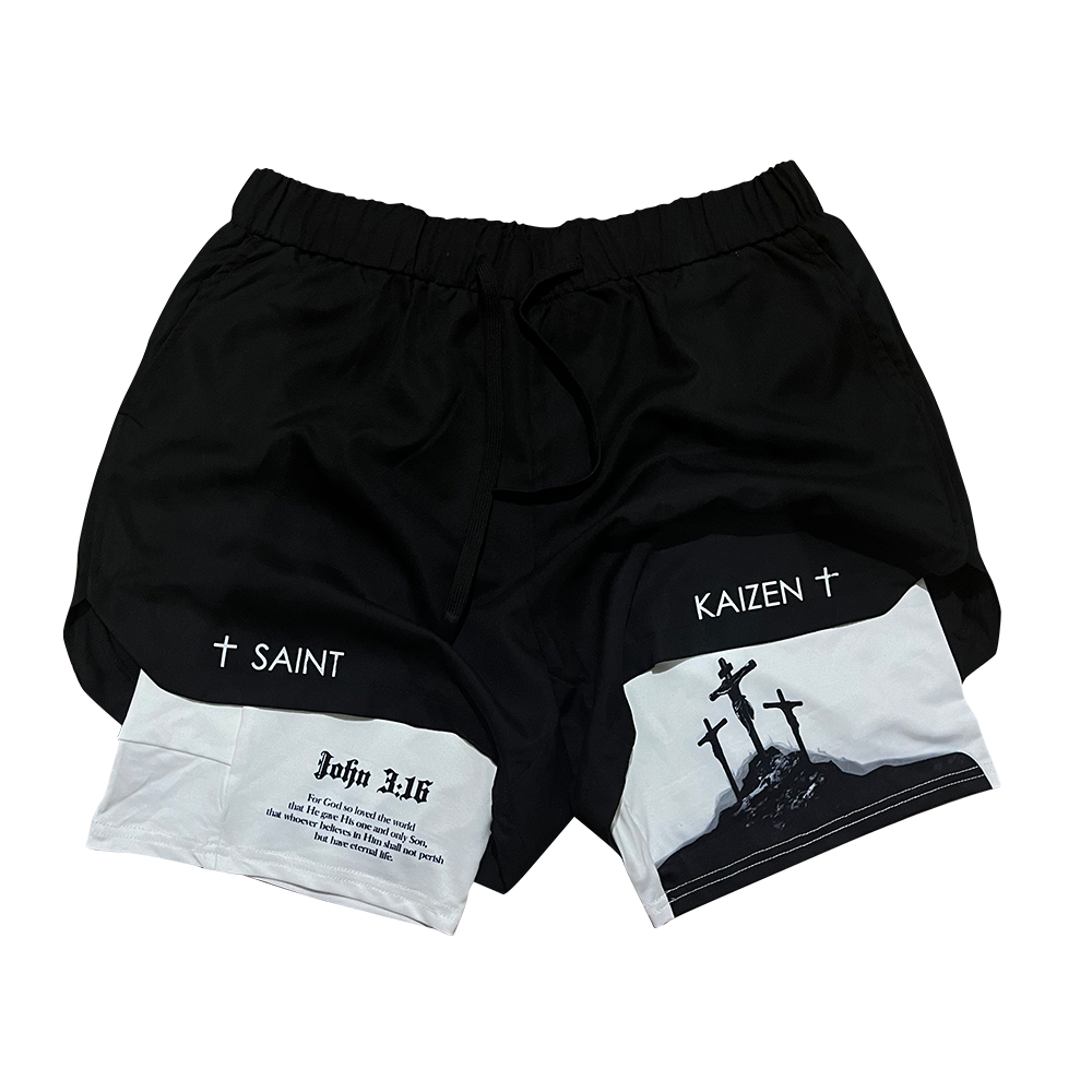 Saint Kaizen Christian gym wear Crucifixion Youth Performance Shorts. Two-layer shorts built for optimal mobility, featuring secure pockets and premium fabric.
