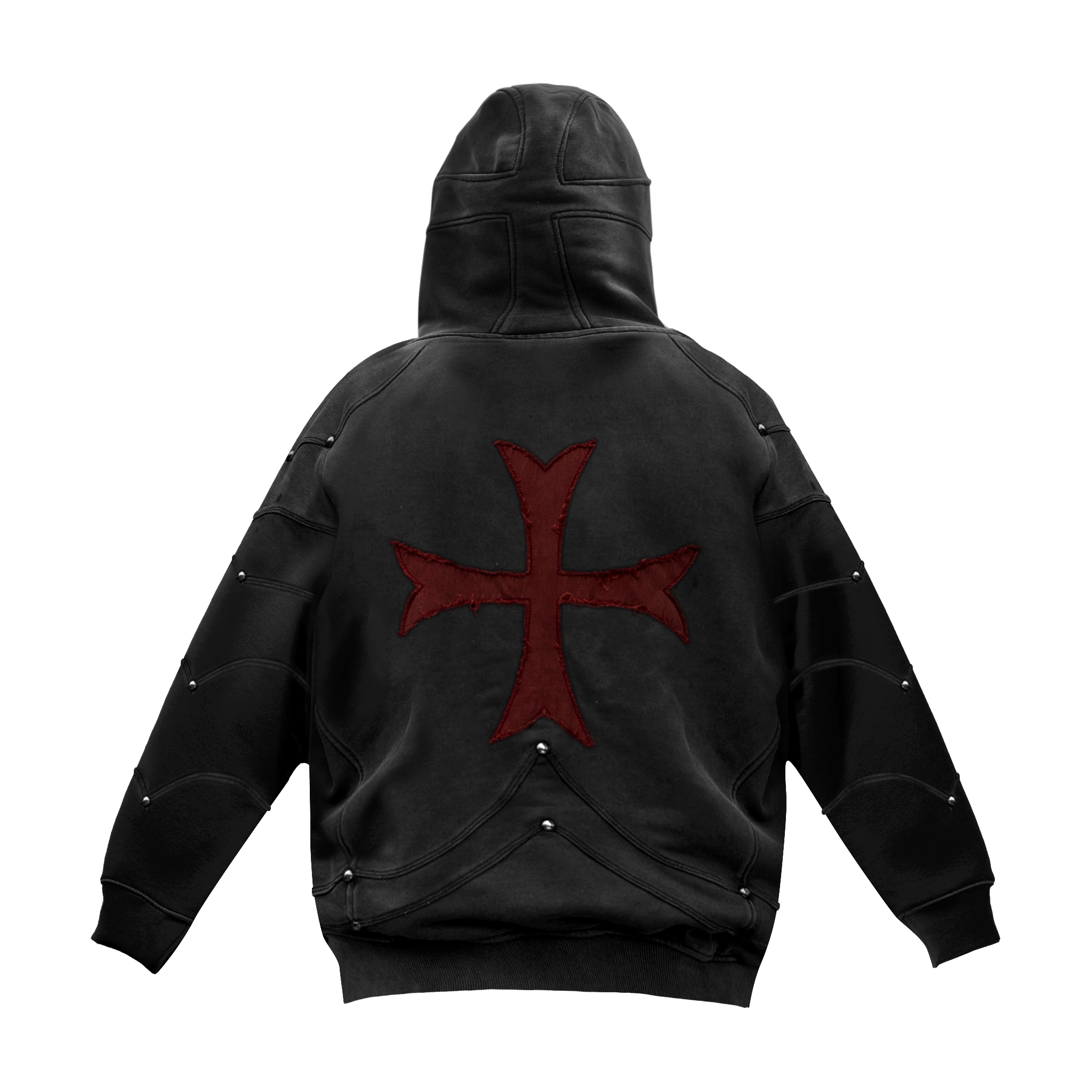 Saint Kaizen Crusader Armor Hoodie. Heavyweight Christian gym wear hoodie featuring a durable, stitched patch with spiritual artwork.