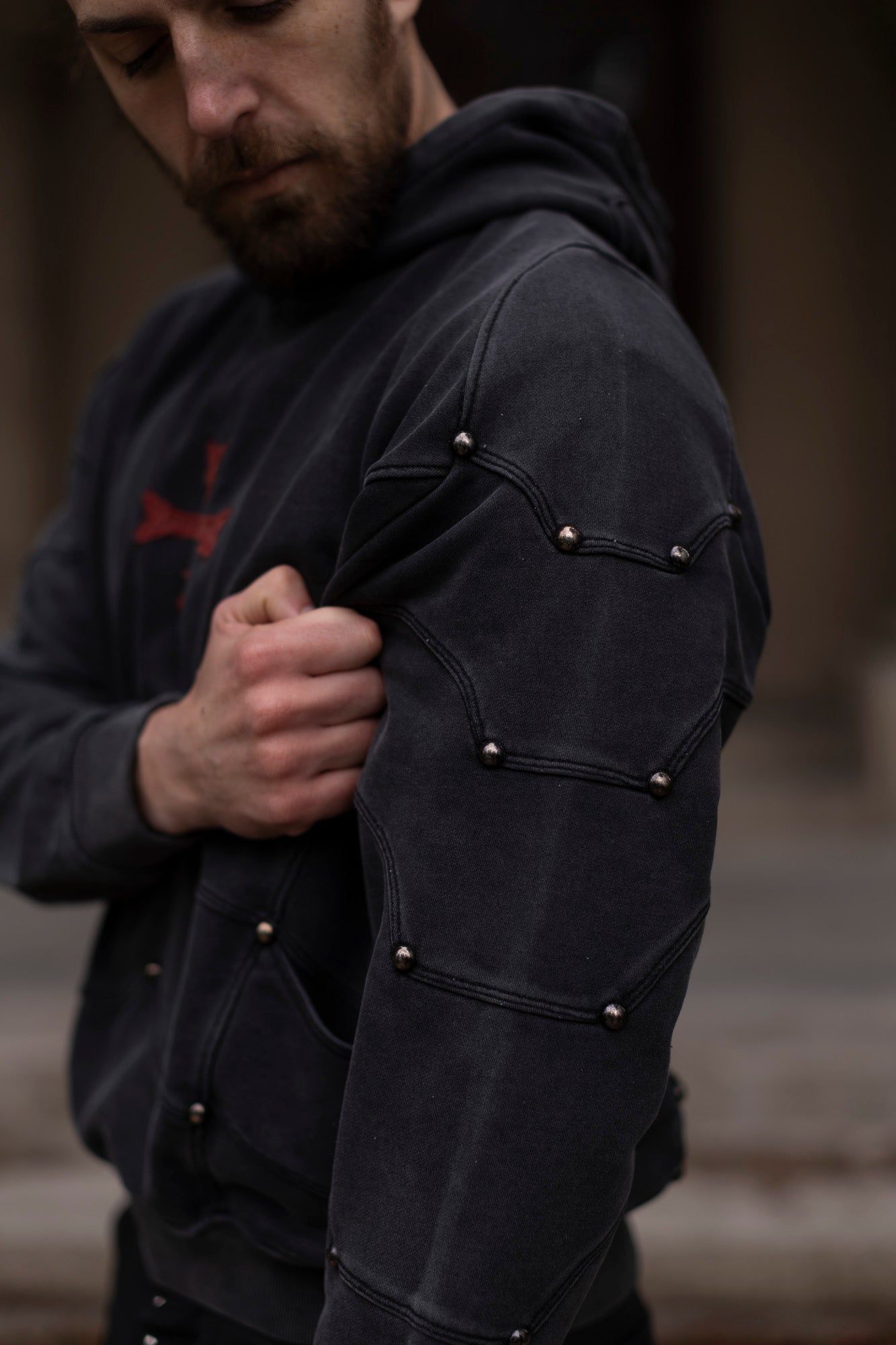 Saint Kaizen Crusader Armor Hoodie. Heavyweight Christian gym wear hoodie featuring a durable, stitched patch with spiritual artwork.