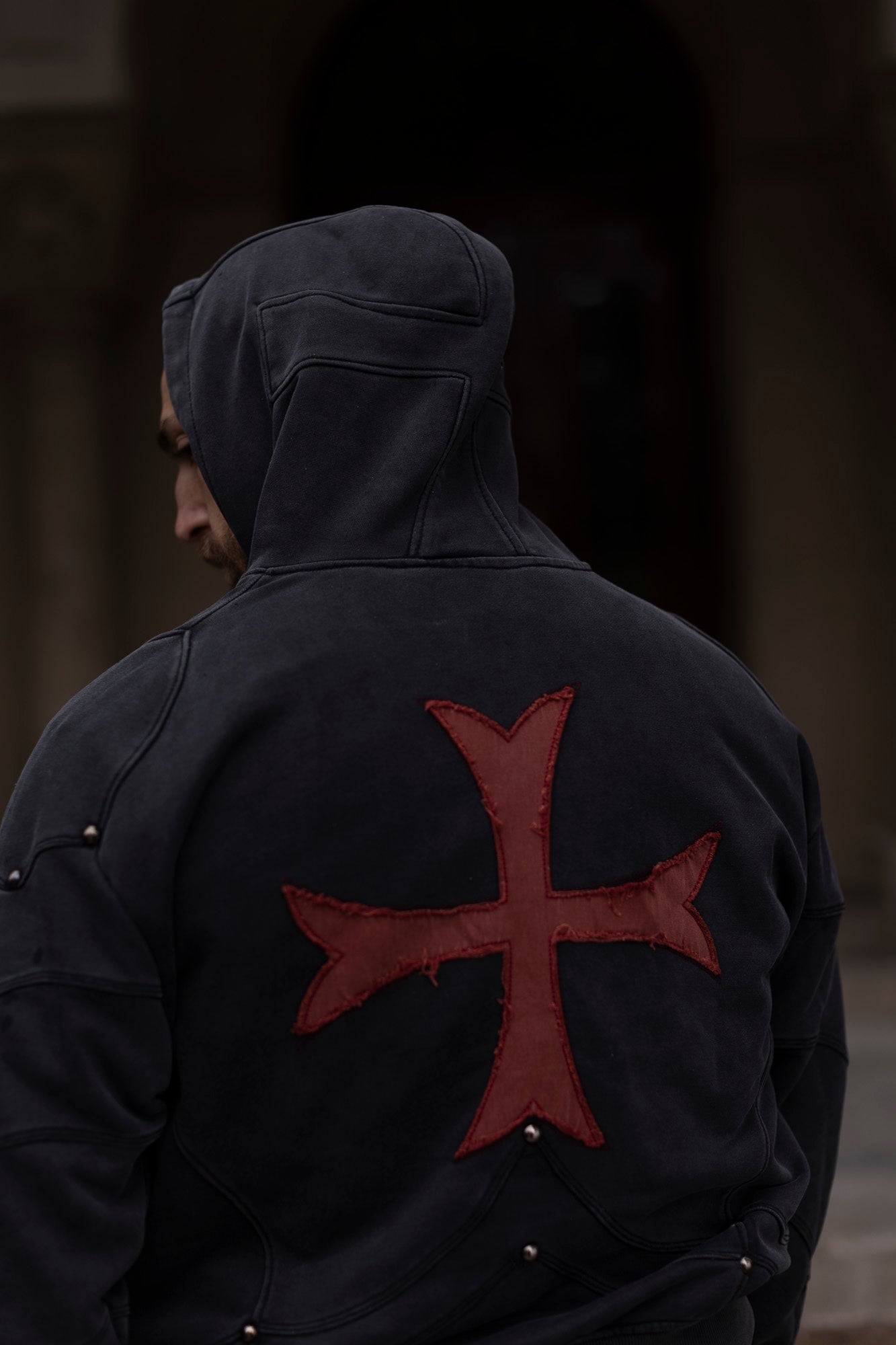 Saint Kaizen Crusader Armor Hoodie. Heavyweight Christian gym wear hoodie featuring a durable, stitched patch with spiritual artwork.
