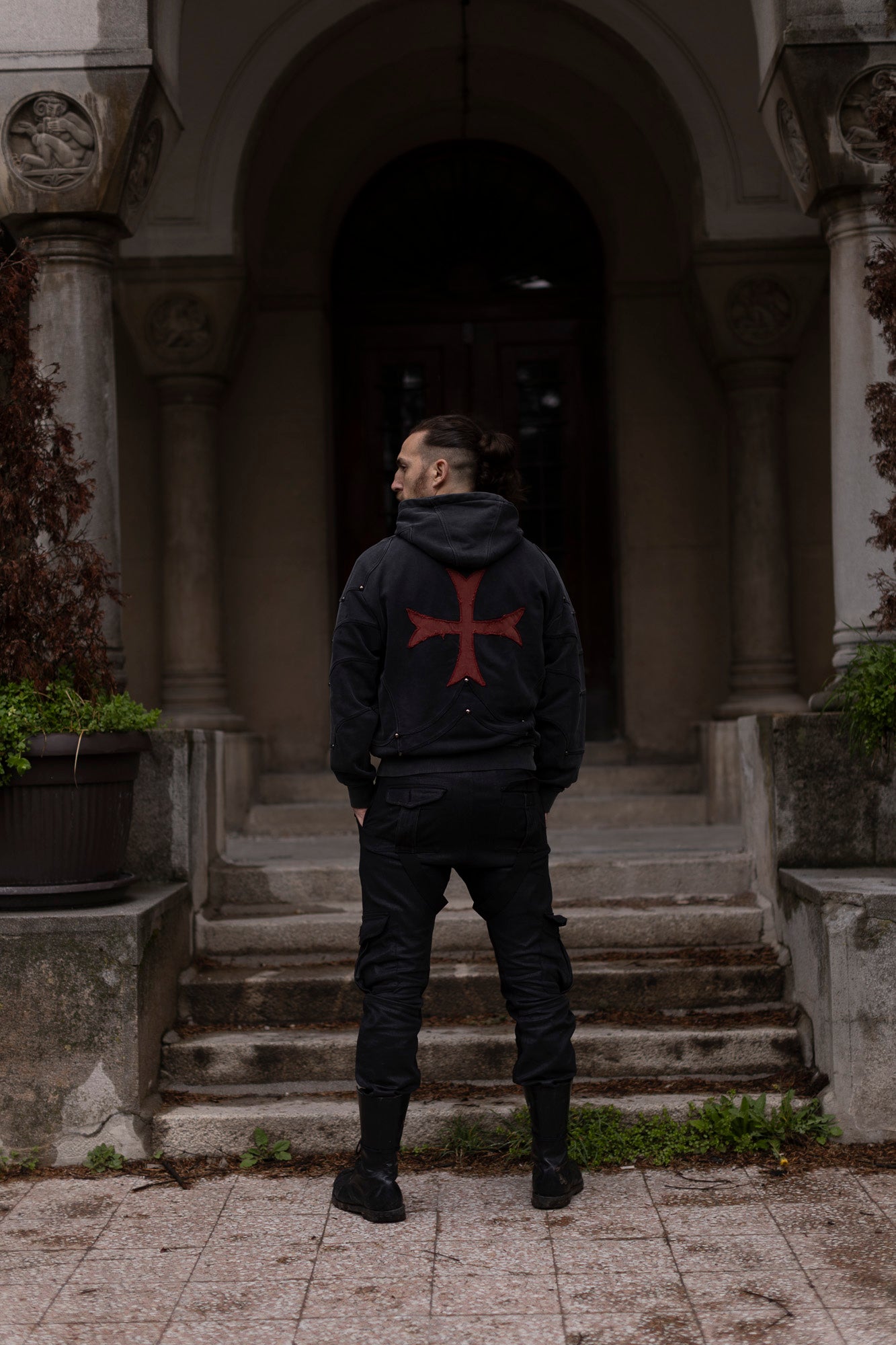 Saint Kaizen Crusader Armor Hoodie. Heavyweight Christian gym wear hoodie featuring a durable, stitched patch with spiritual artwork.