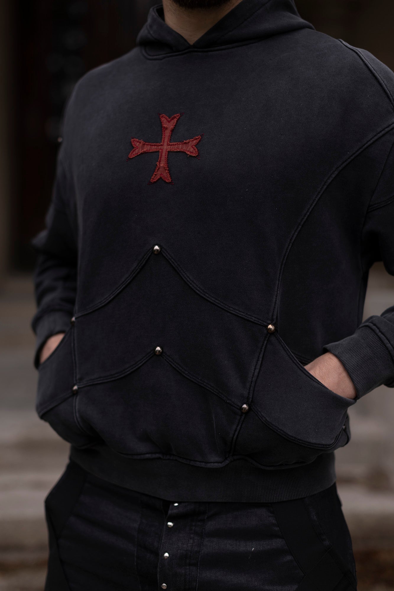 Saint Kaizen Crusader Armor Hoodie. Heavyweight Christian gym wear hoodie featuring a durable, stitched patch with spiritual artwork.