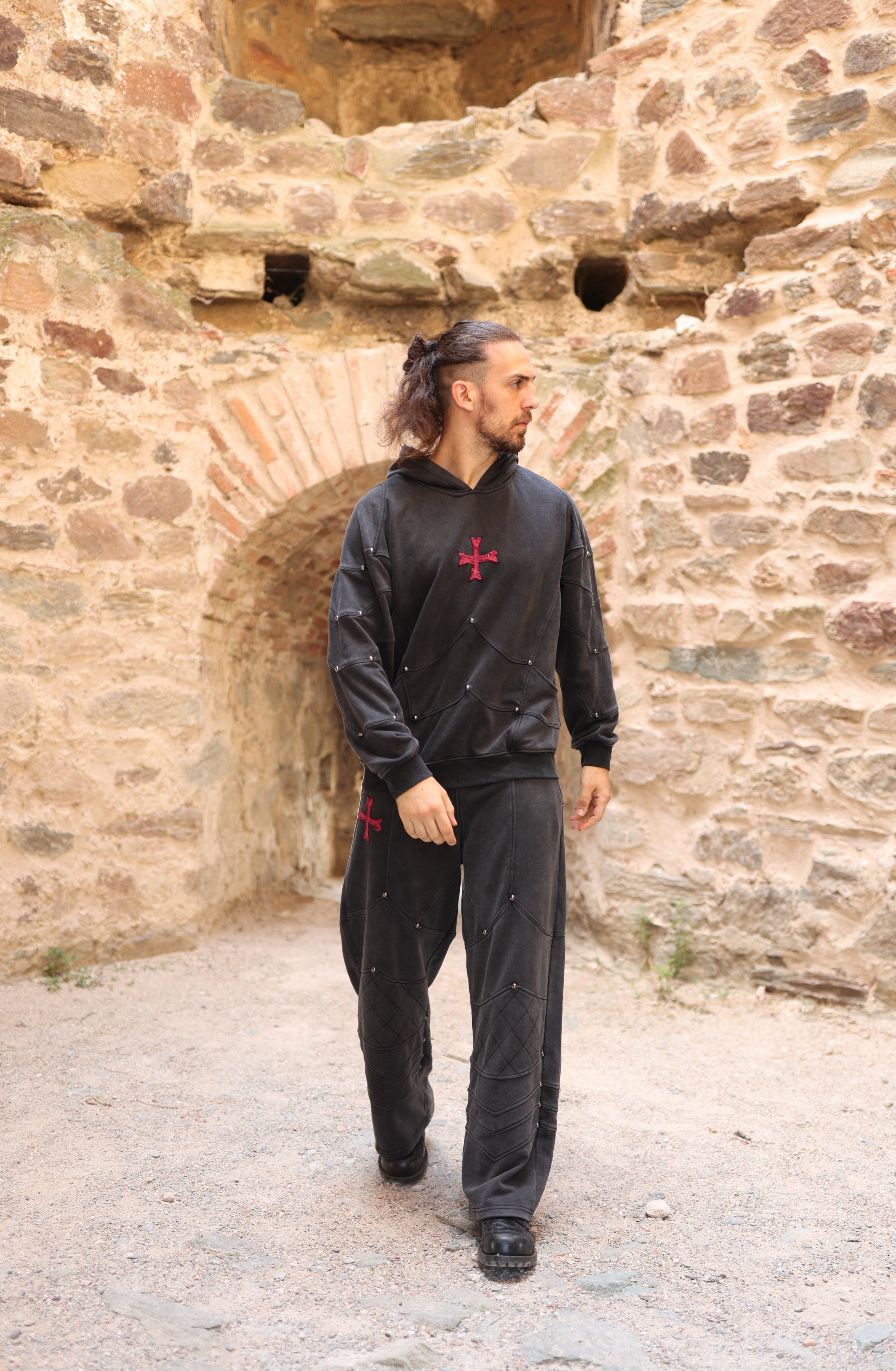 Saint Kaizen essential Christian gym wear Crusader Armor Joggers. Spiritual Designs with premium cotton blend and soft terry fleece lining.