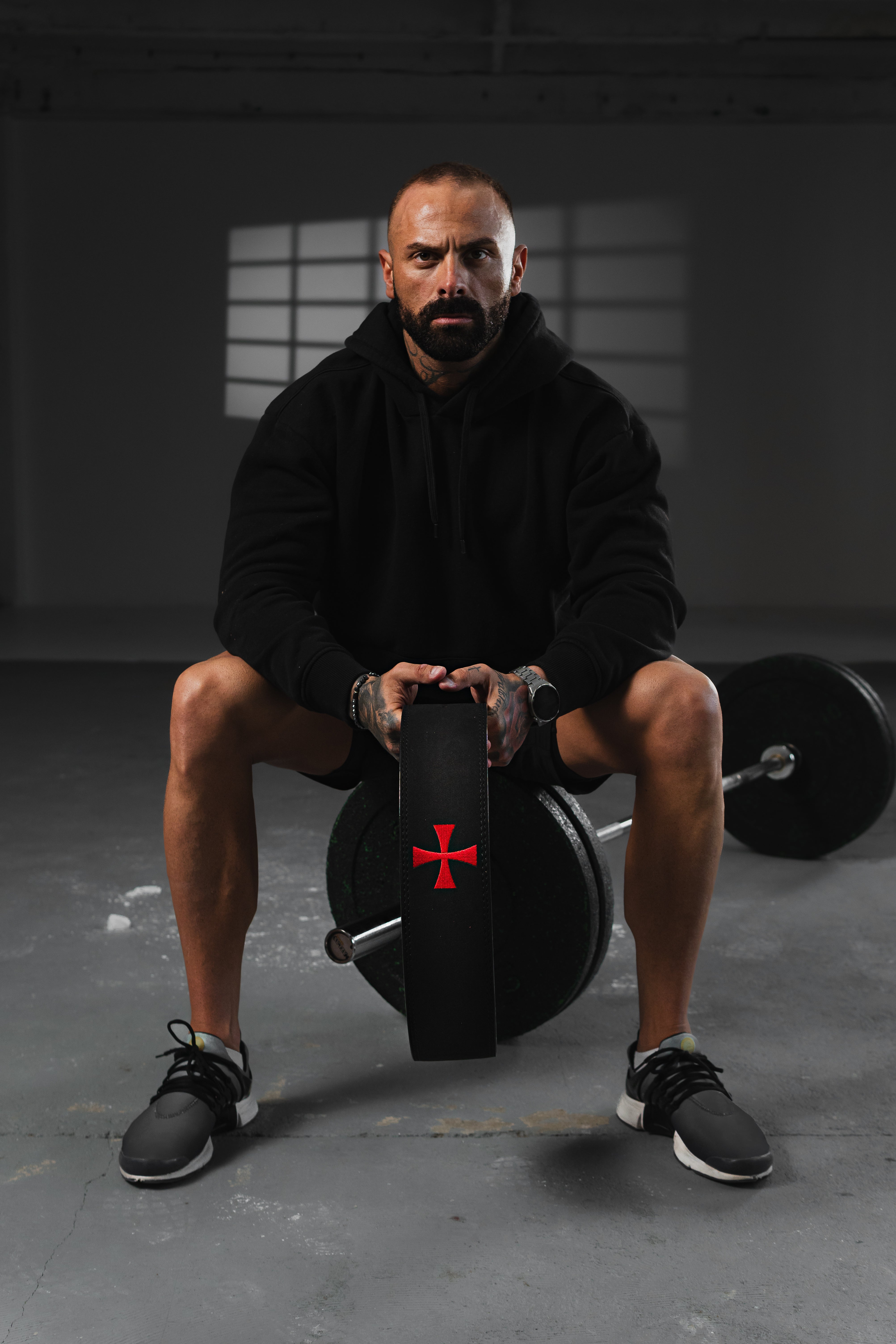 Saint Kaizen Crusader Cross Lever Belt (10mm, black) for Powerlifting. Premium Weightlifting belt designed for Christian athletes.