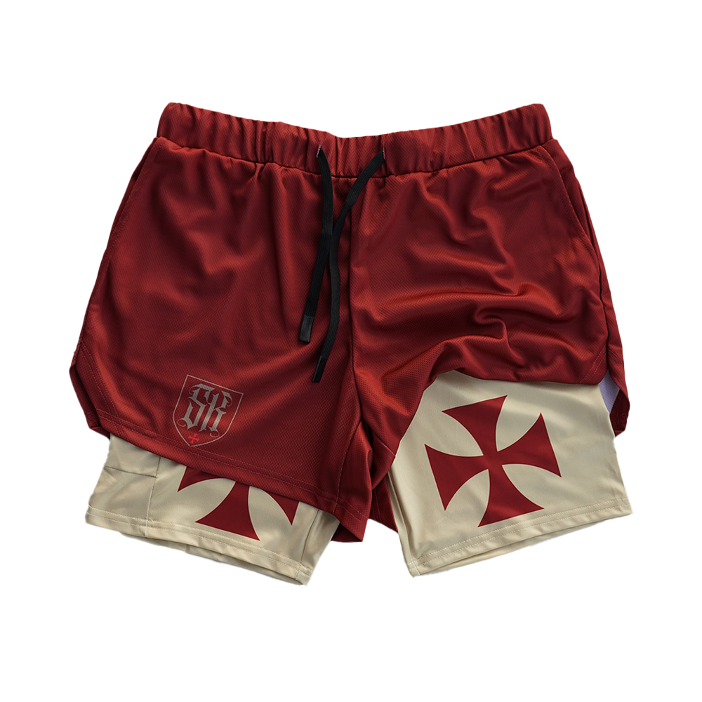 Saint Kaizen Christian gym wear Crusader Cross Performance Shorts. Two-layer shorts built for optimal mobility, featuring secure pockets and premium fabric.