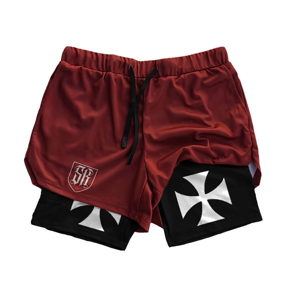 Saint Kaizen Christian gym wear Crusader Cross Performance Shorts - Red. Two-layer shorts built for optimal mobility, featuring secure pockets and premium fabric.