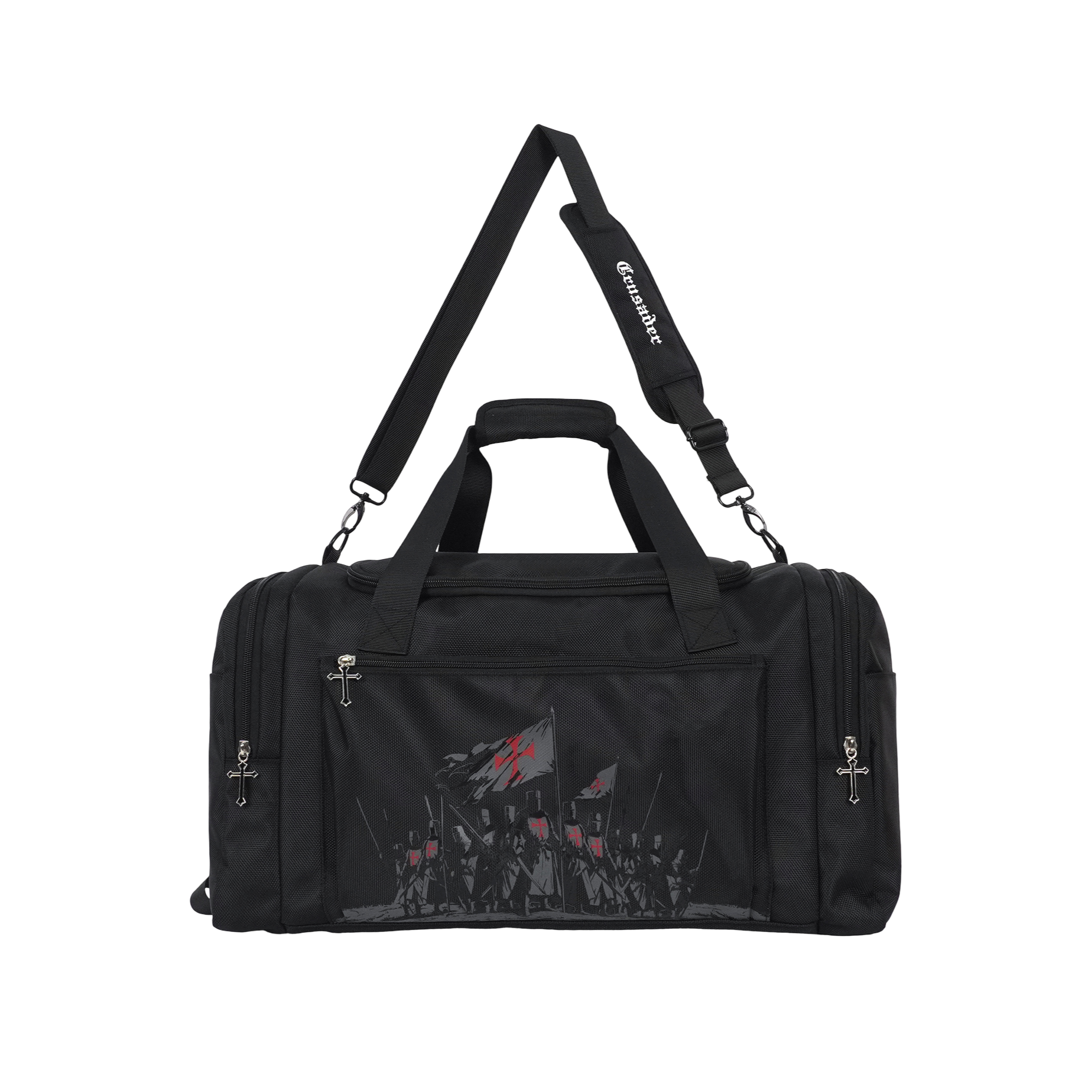 Saint Kaizen Christian gym duffle bag. Features the Crusader Duffle Bag verse, powerful spiritual silk print artwork, and detailed embroidery for Christian athletes