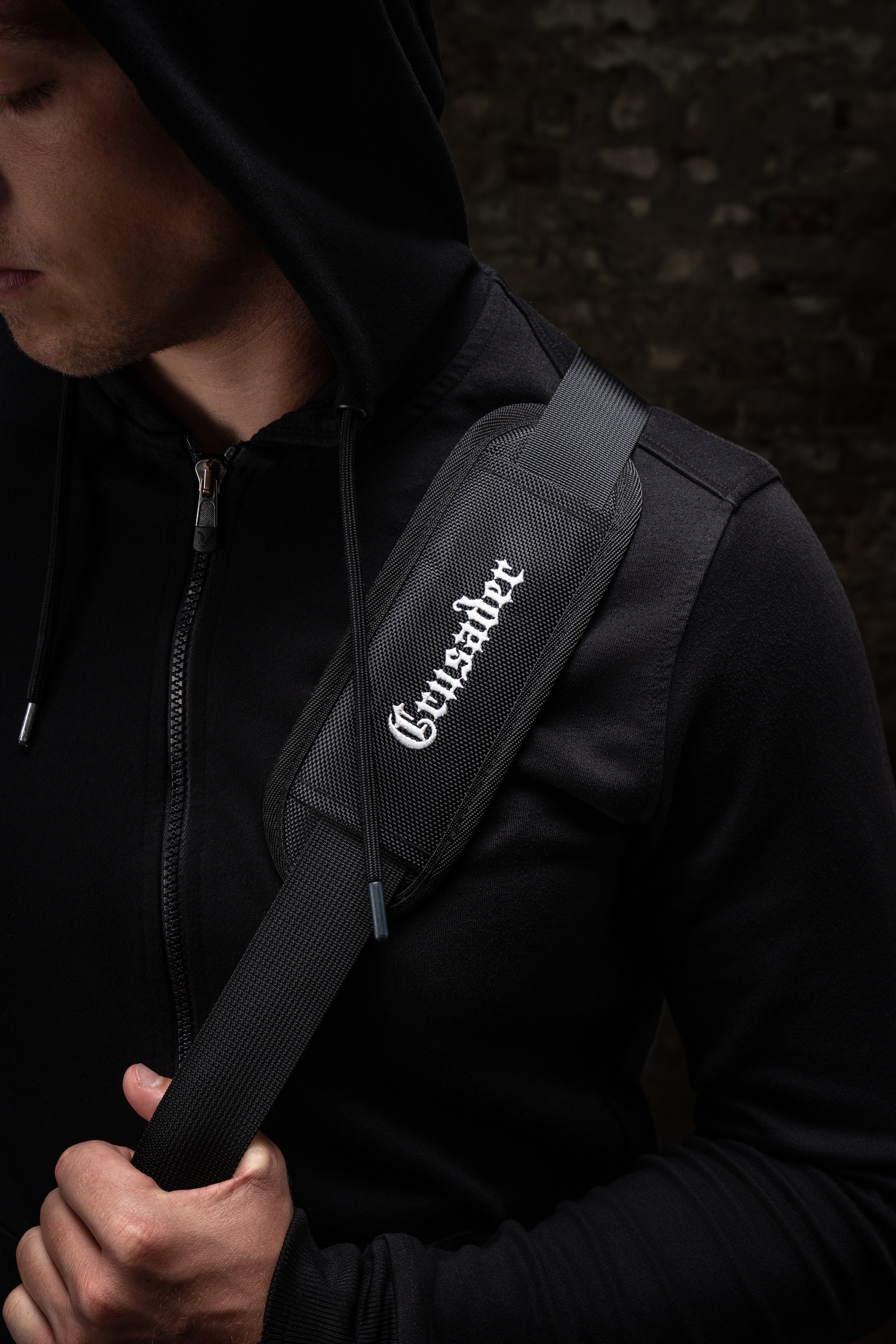 Saint Kaizen Christian gym duffle bag. Features the Crusader Duffle Bag verse, powerful spiritual silk print artwork, and detailed embroidery for Christian athletes