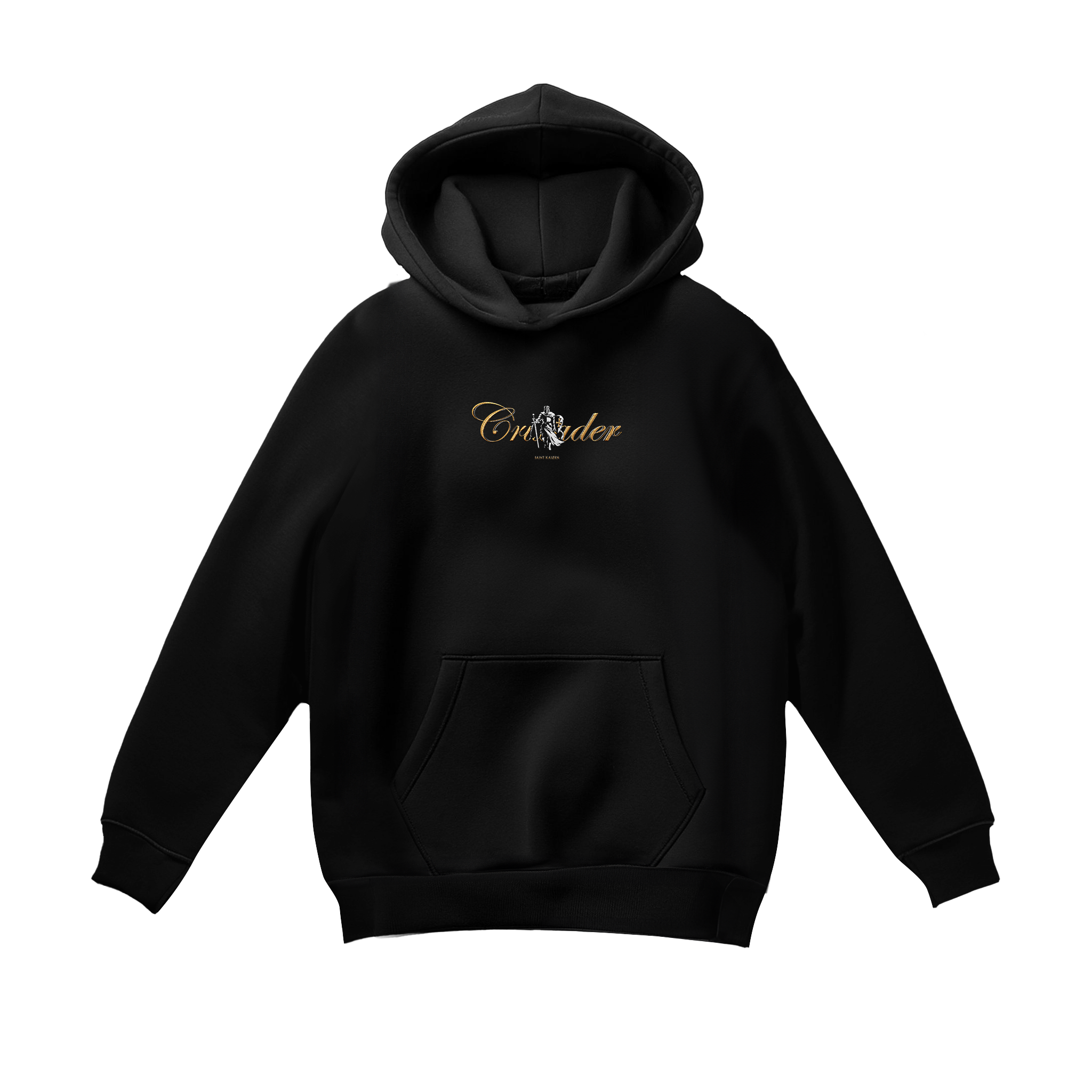 Saint Kaizen Crusader Embroidery Hoodie. Heavyweight Christian gym wear hoodie featuring detailed embroidered spiritual artwork.
