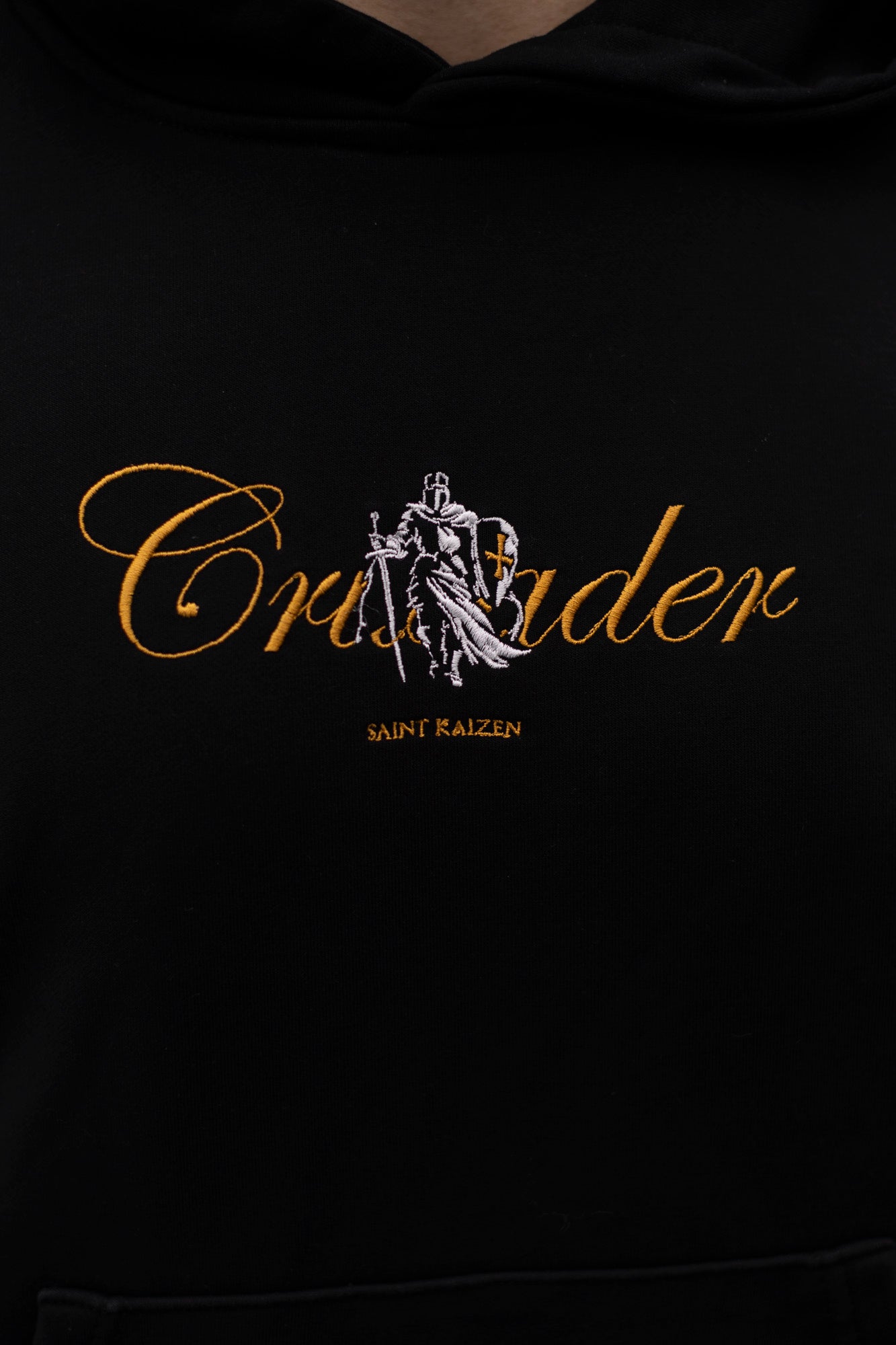 Saint Kaizen Crusader Embroidery Hoodie. Heavyweight Christian gym wear hoodie featuring detailed embroidered spiritual artwork.