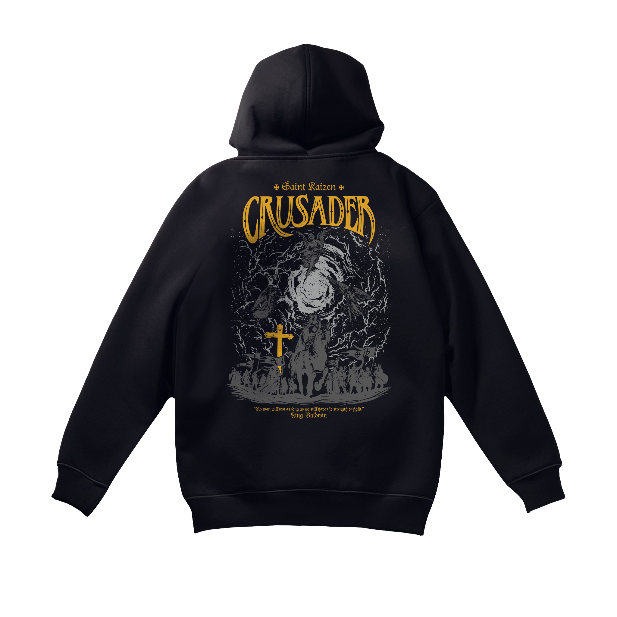 Saint Kaizen Crusader Hoodie. Heavyweight Christian gym wear hoodie featuring a durable with spiritual artwork.