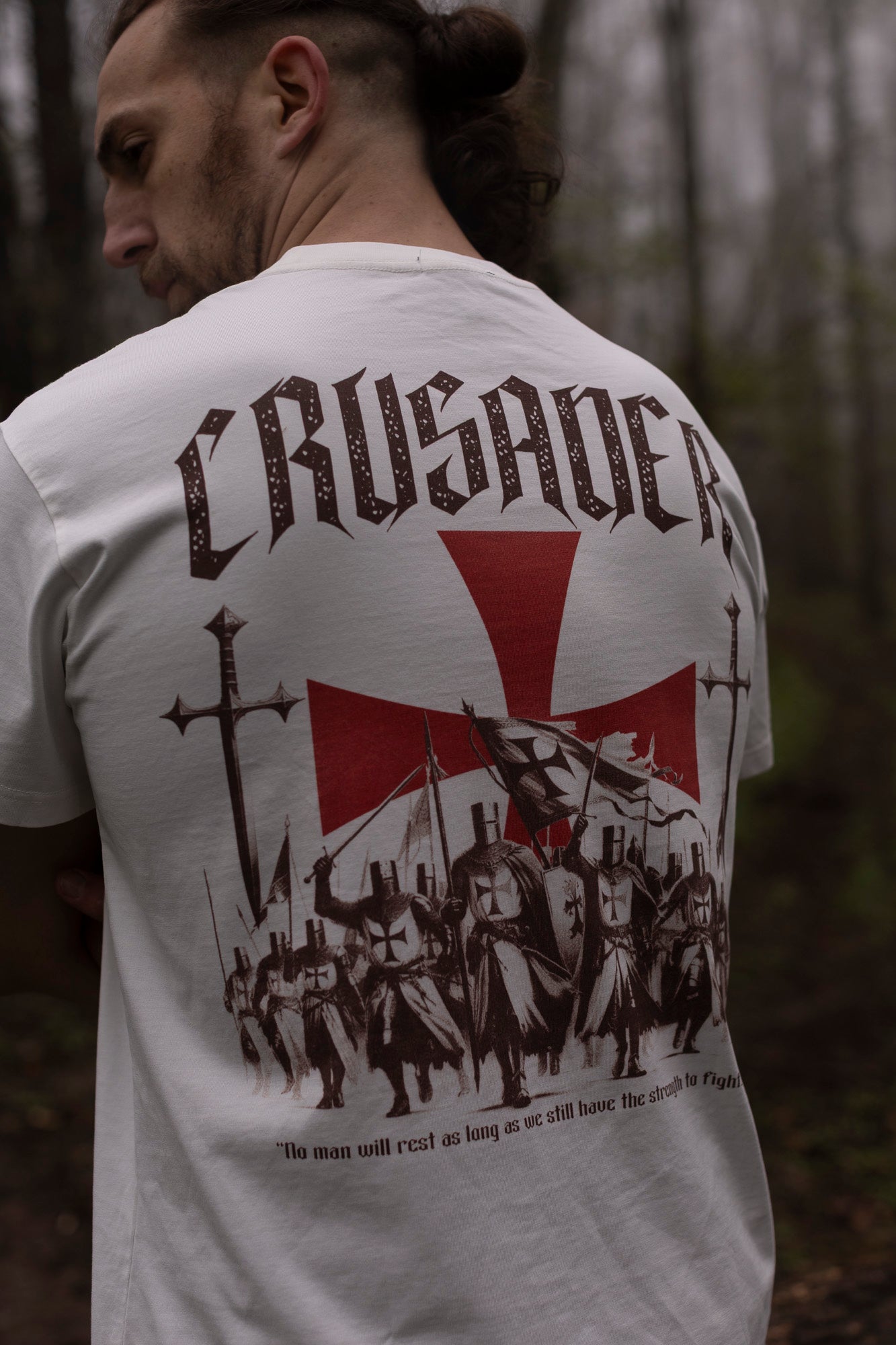 Saint Kaizen Christian gym wear shirt. Features the bold Crusader March T-Shirt - White spiritual design. Oversize fit made from premium 220gr cotton.