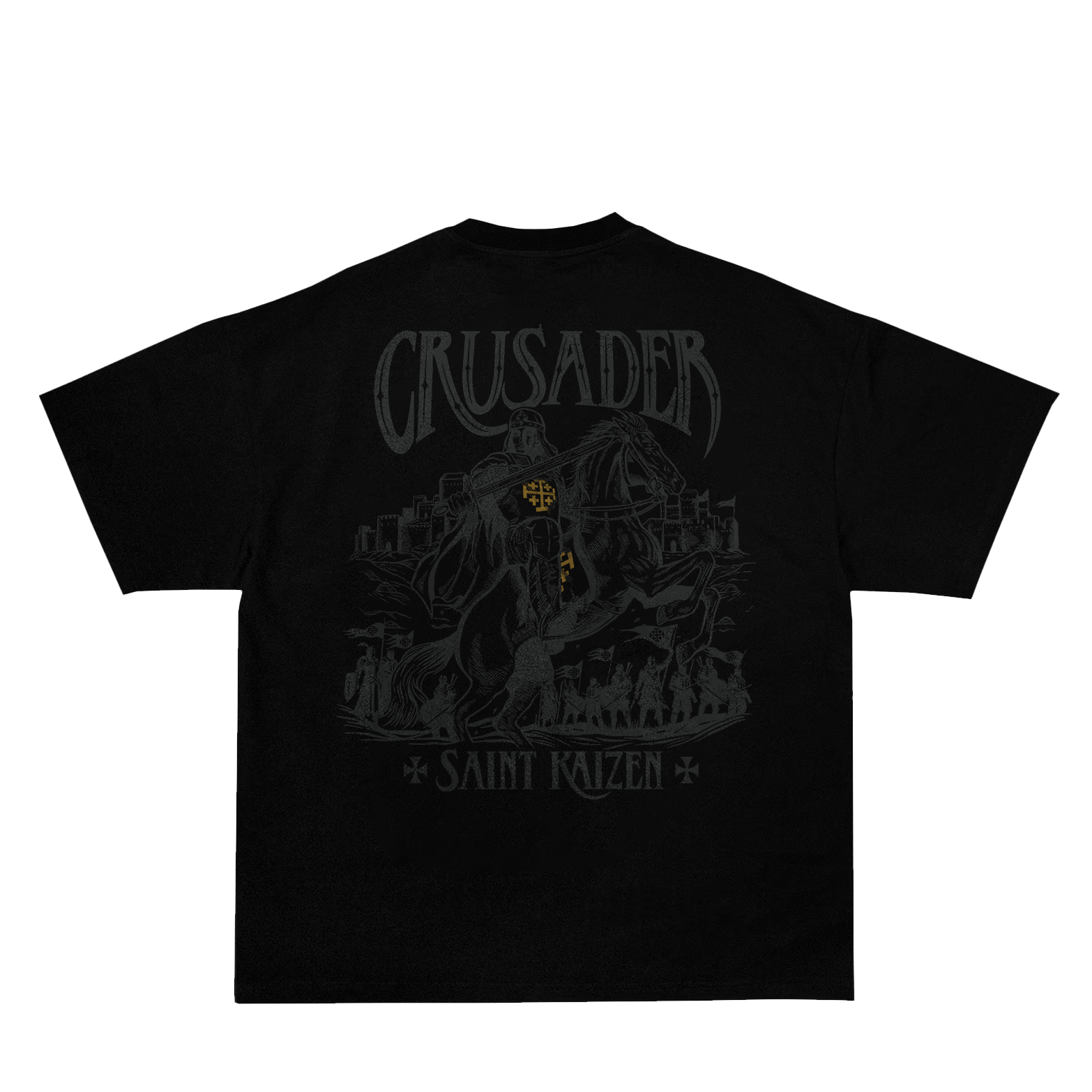 Saint Kaizen Christian gym wear shirt. Features the bold Crusader T-Shirt spiritual design. Oversize fit made from premium 220gr cotton.