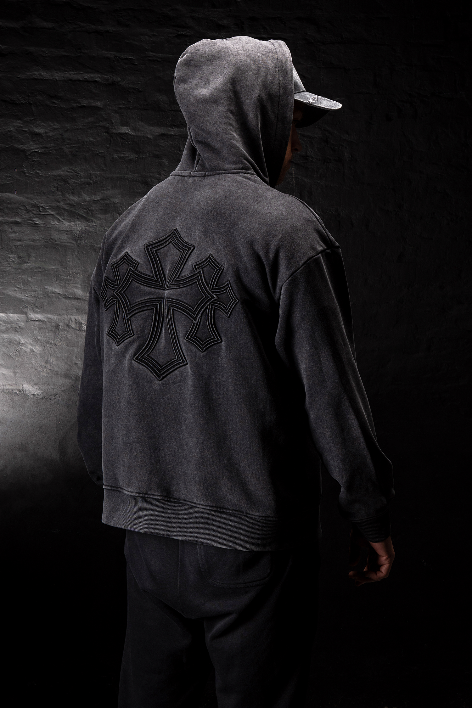 Cross 3D Embroidery Zip Up Hoodie