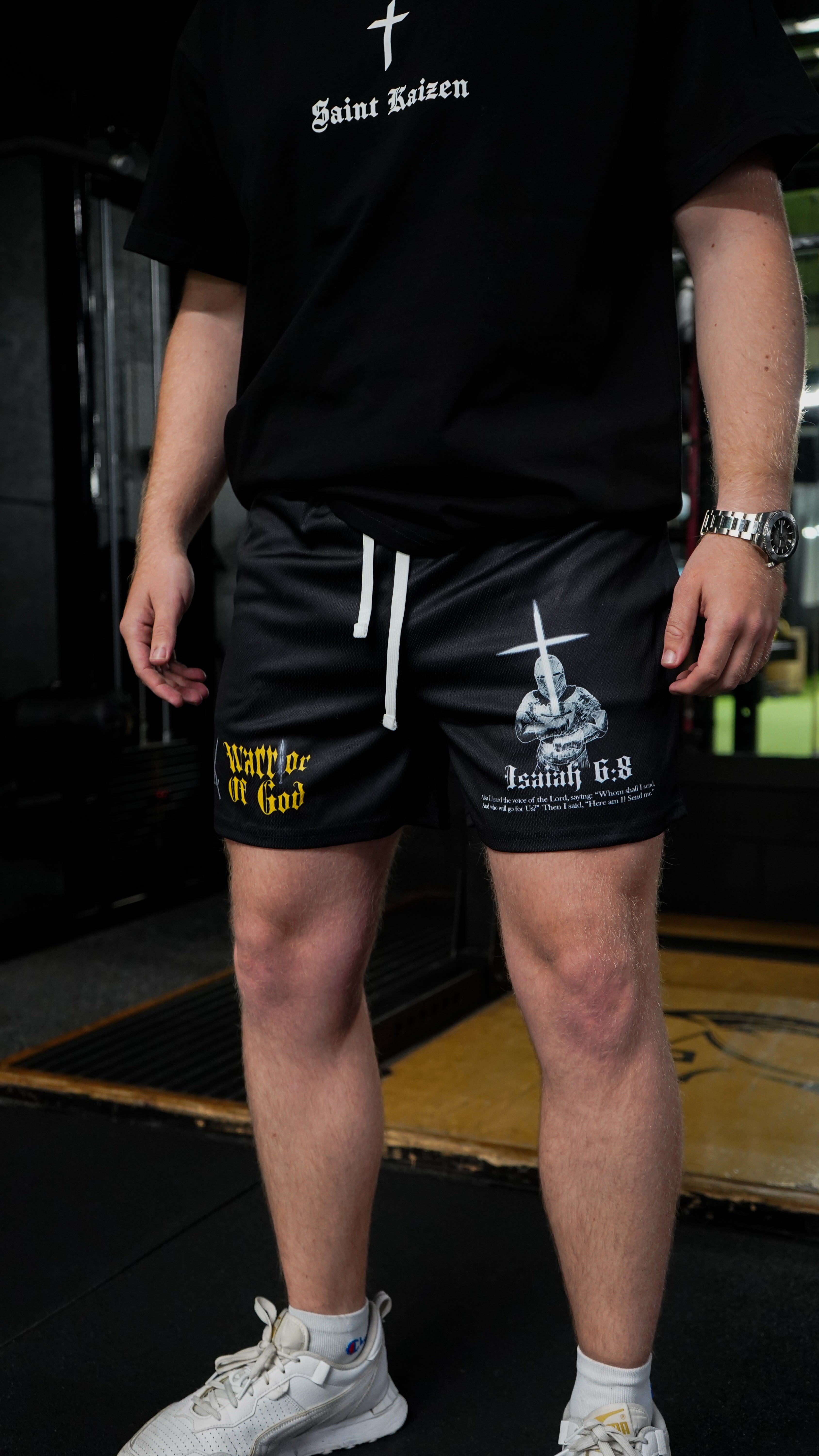 Christian-themed mesh gym shorts with Bible verses, made from 100% polyester, featuring double side pockets and a 5-inch inseam for comfort and mobility.