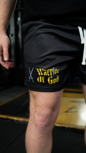 Christian-themed mesh gym shorts with Bible verses, made from 100% polyester, featuring double side pockets and a 5-inch inseam for comfort and mobility.