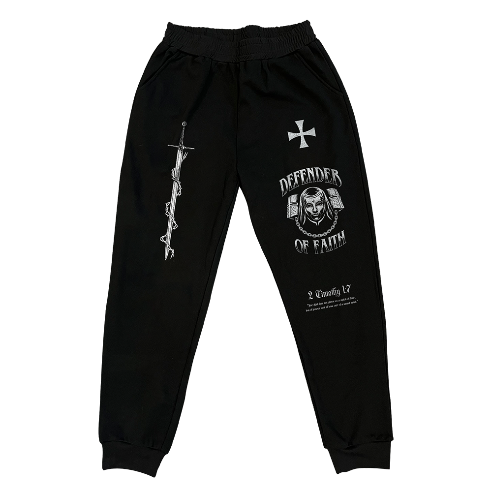 Saint Kaizen Defender Of Faith Joggers. Christian gym wear with high-quality screen print design. Terry fleece lining for warmth and comfort.