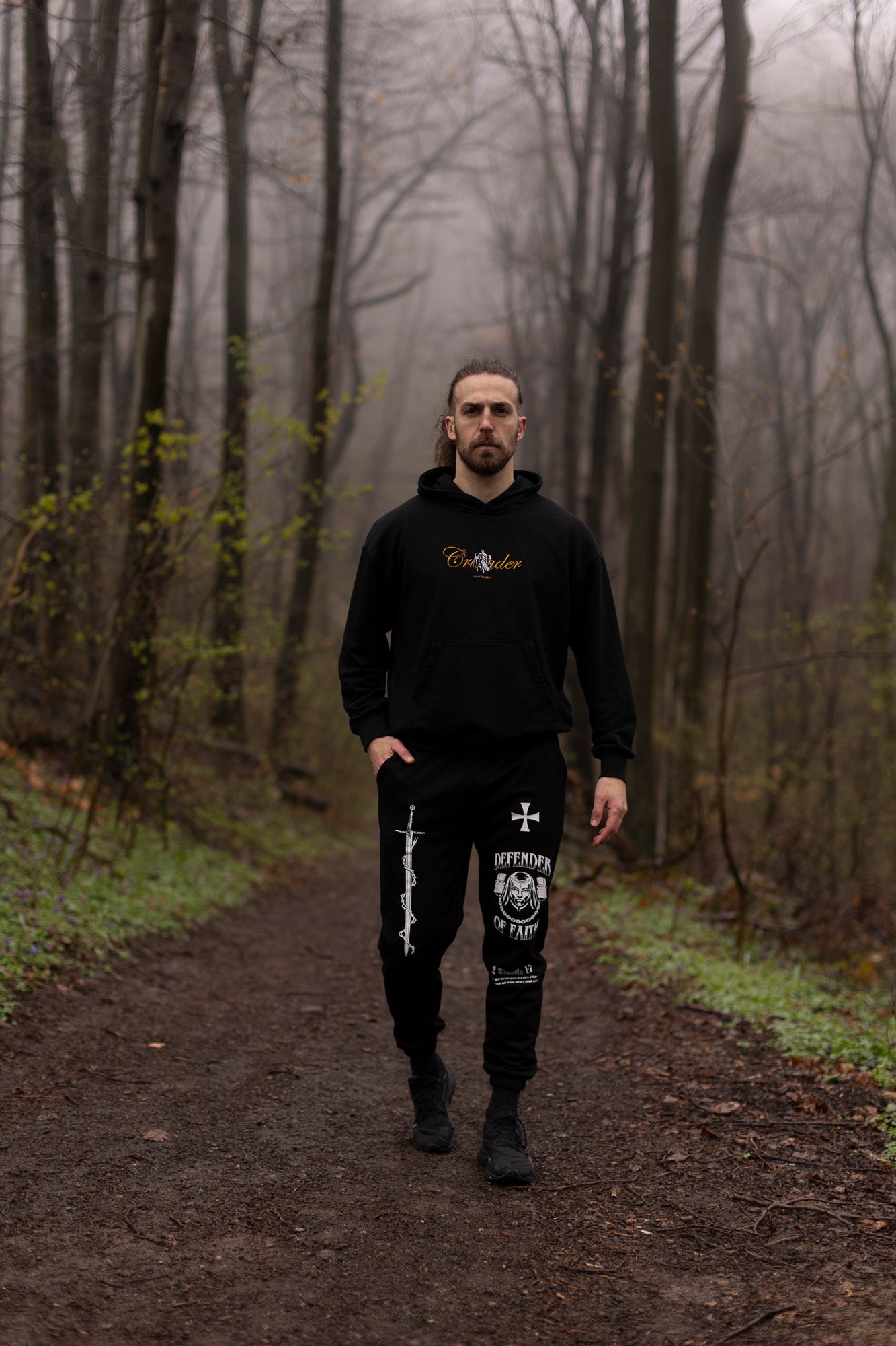 Saint Kaizen Defender Of Faith Joggers. Christian gym wear with high-quality screen print design. Terry fleece lining for warmth and comfort.