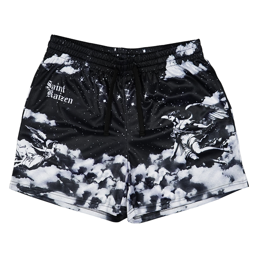 Saint Kaizen Christian gym wear Divine Sky Shorts. Lightweight 100% polyester mesh with bold printed spiritual design. Features a 5-inch inseam for mobility.