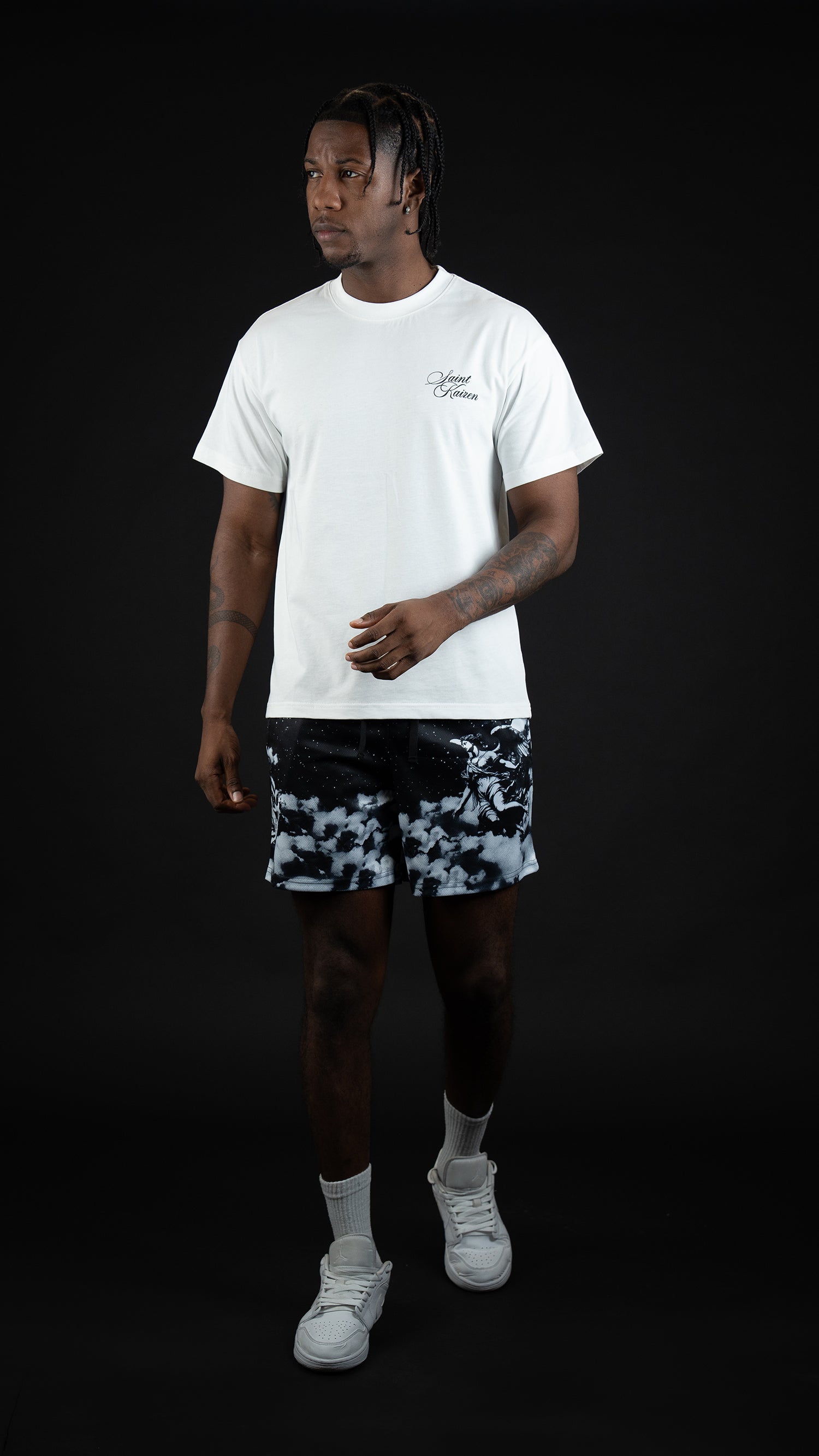 Saint Kaizen Christian gym wear Divine Sky Shorts. Lightweight 100% polyester mesh with bold printed spiritual design. Features a 5-inch inseam for mobility.